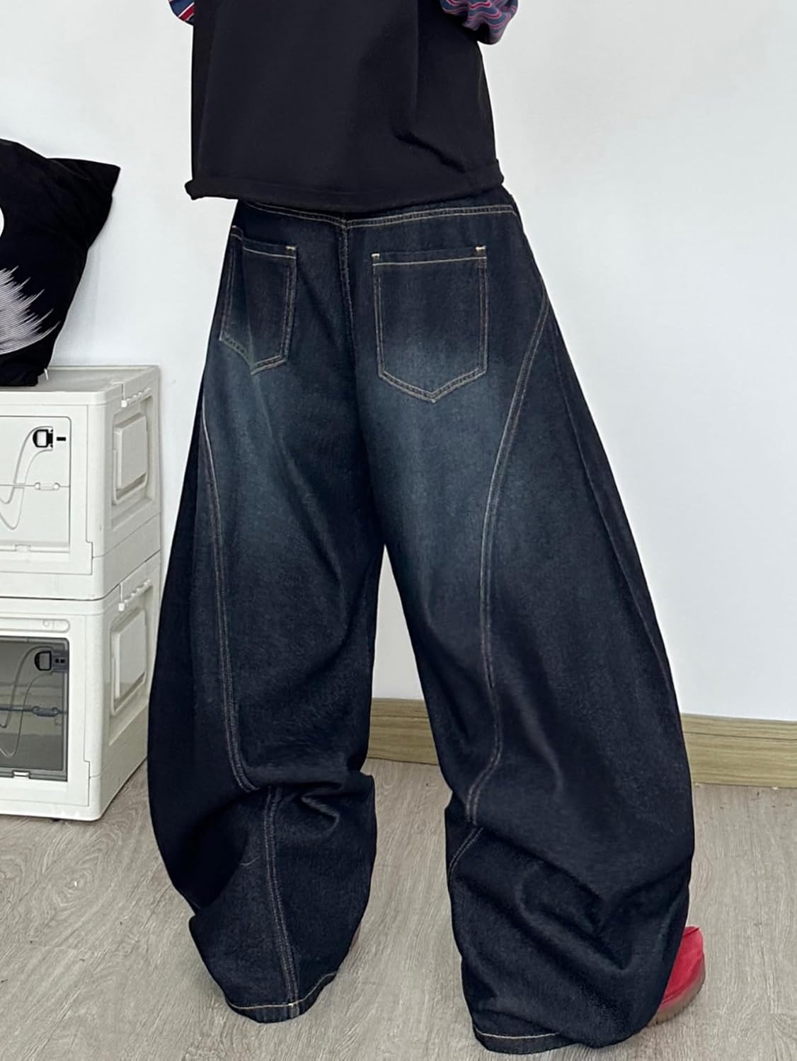 Men's Vintage Baggy Barrel Wide Leg Jeans Structured Stitching Loose Fit Retro Casual Streetwear Denim Pants