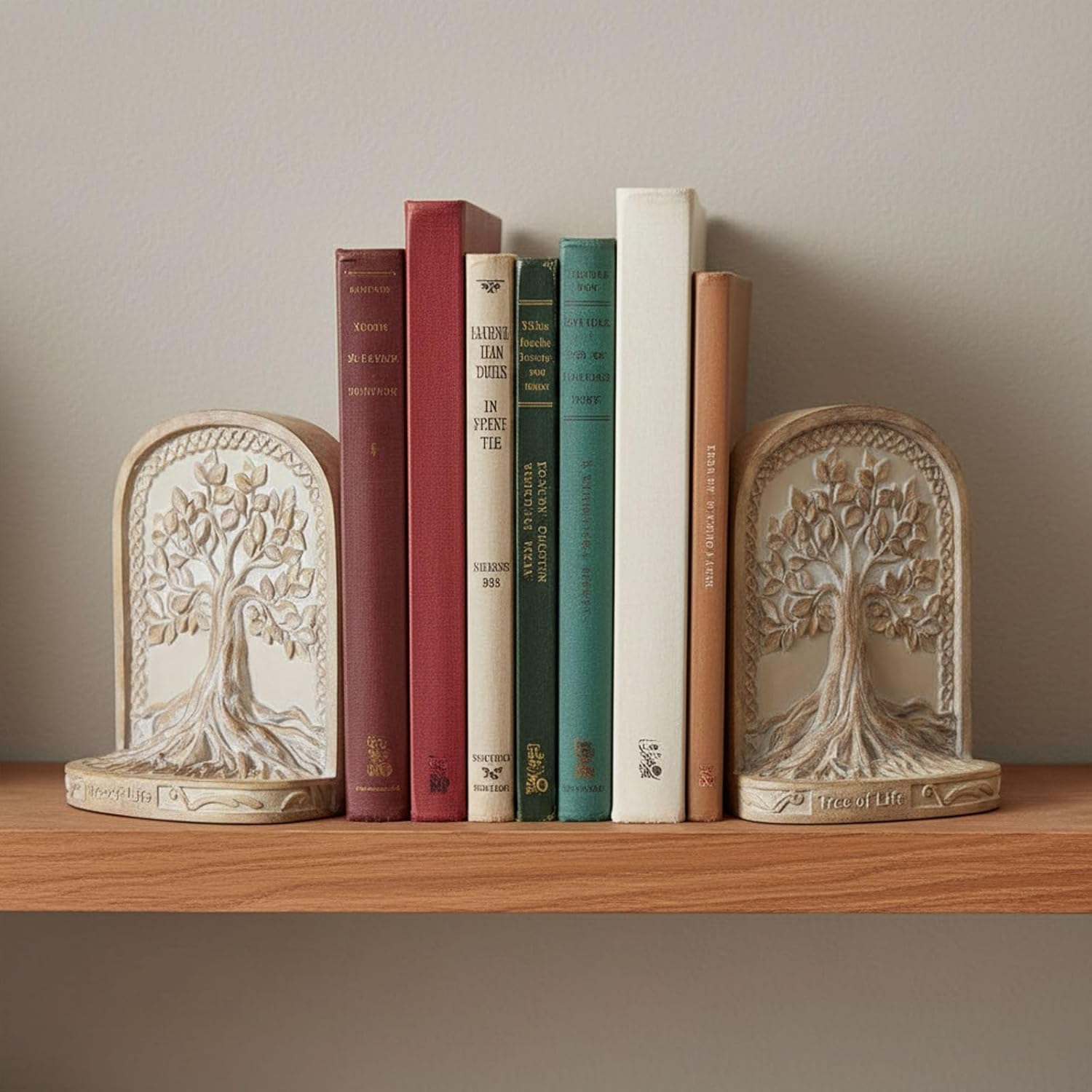 Tree of Life Bookends,Heavy Duty L-Shaped Resin Book Ends,2 Non-Skid Heavy Bookends for Shelves/Desktop/Bookshelf Decor,Celtic Mythology Sculpture,Vintage Accessories,Housewarming Gift (Faux Wooden)