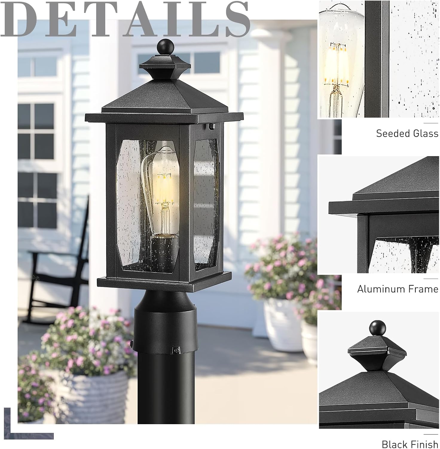 zeyu 16 Inch Outdoor Lamp Post Light, Farmhouse Exterior Post Light Fixture for House Patio Yard, Die-Cast Aluminum with Seeded Glass Shade, Black Finish, ZD99P BK