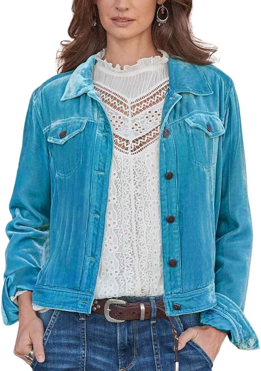 chouyatou Women's Velvet Trucker Jacket Button Down Cropped Cargo Office Shacket Tops