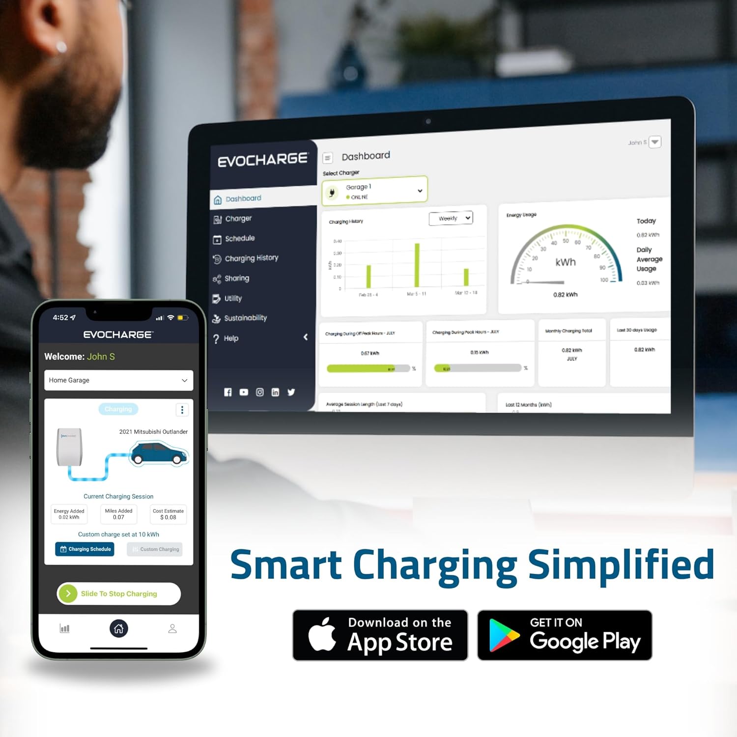 EvoCharge mobile app and desktop portal interfaces for smart charging management
