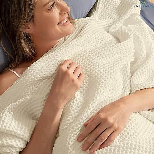 Miniatura 5 de Manta de algodón 100 % súper suave de alta calidad, tejido de gofre de algodón hilado en anillo, térmica, para todas las estaciones, tamaño Queen