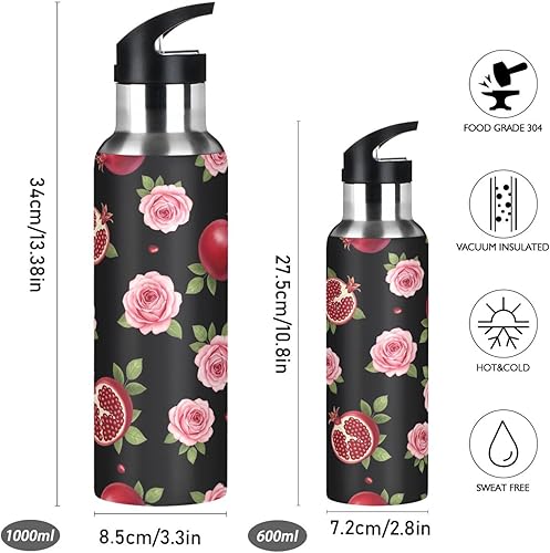 Miniatura 2 de Pink Roses Black Insulated Stainless Steel Water Bottle with Straw 32 Oz Leakproof Water Bottles, BPA-Free Sport Water Bottle