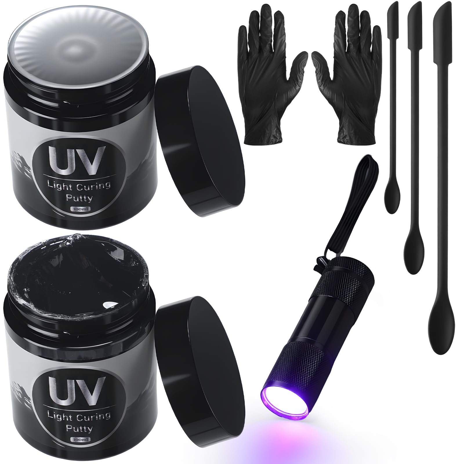 Photo 1 of 16 Pcs UV Resin Clay Kit for 3D Prints Include 200g UV Light Curing Putty Rechargeable 395nm Flashlight Disposable Gloves Silicone Applicator Fast Curing in Seconds for Crafts Repair 3D Print Fixes