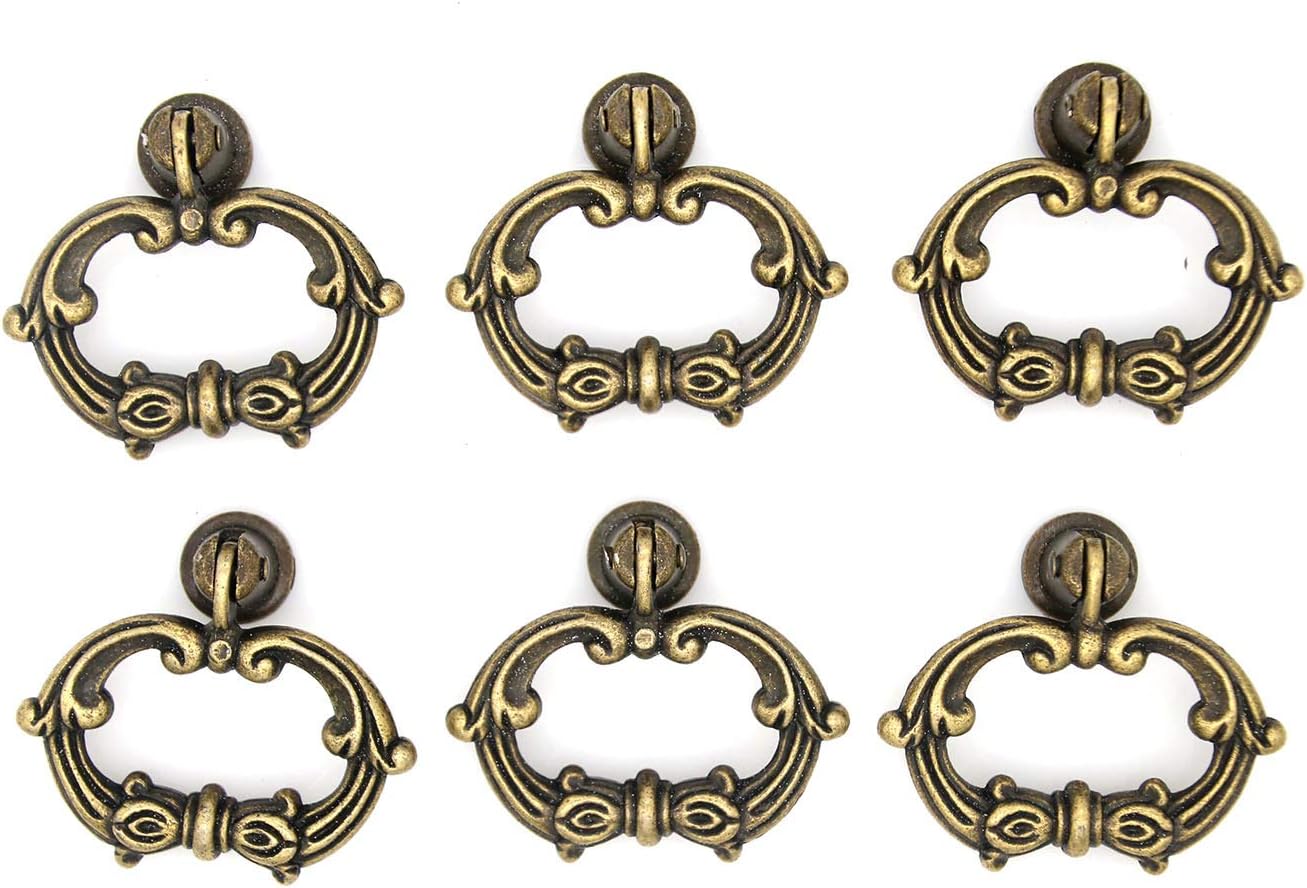 LXZ 6 Sets Distressed Antique Brass Finished Vintage Cabinet Pulls – Drop Ring Pulls Handles for Dresser Drawer Cupboard, Dimension 1.9-in x 1.8-in