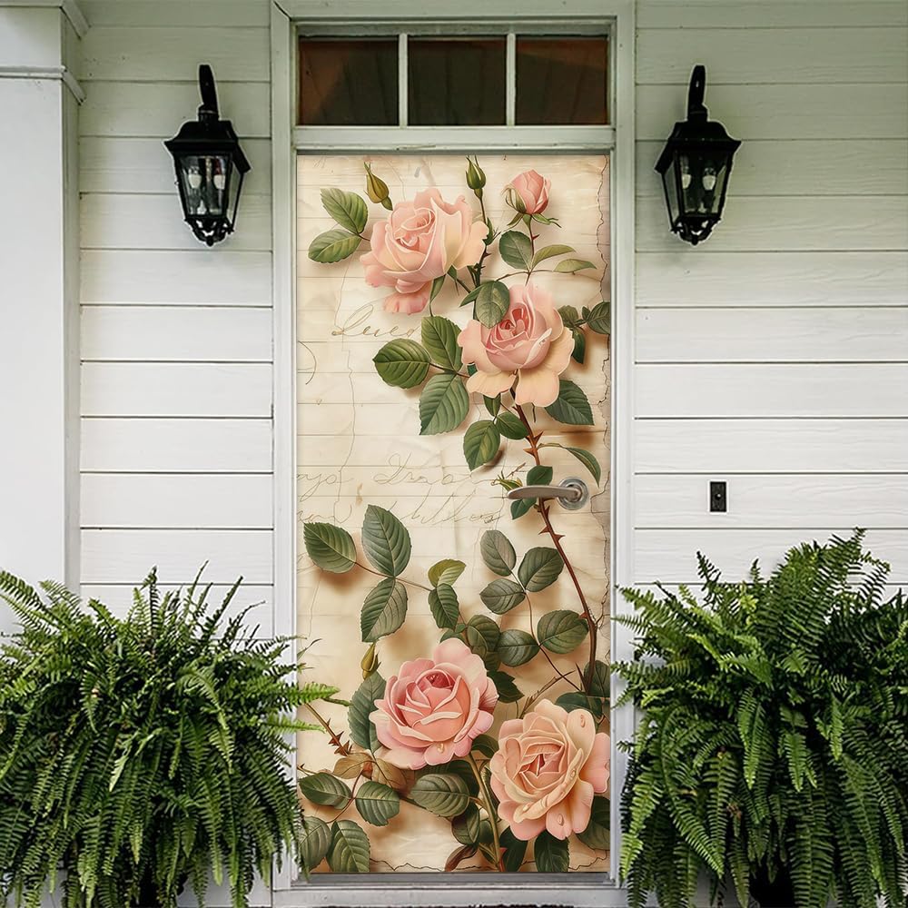 REDAMANCY Vintage Pink Rose Floral Beige Antique Peel and Stick Door Stickers Vinyl Mural Decals Decor Modern Wallpaper Self-Adhesive, Waterproof, Removable