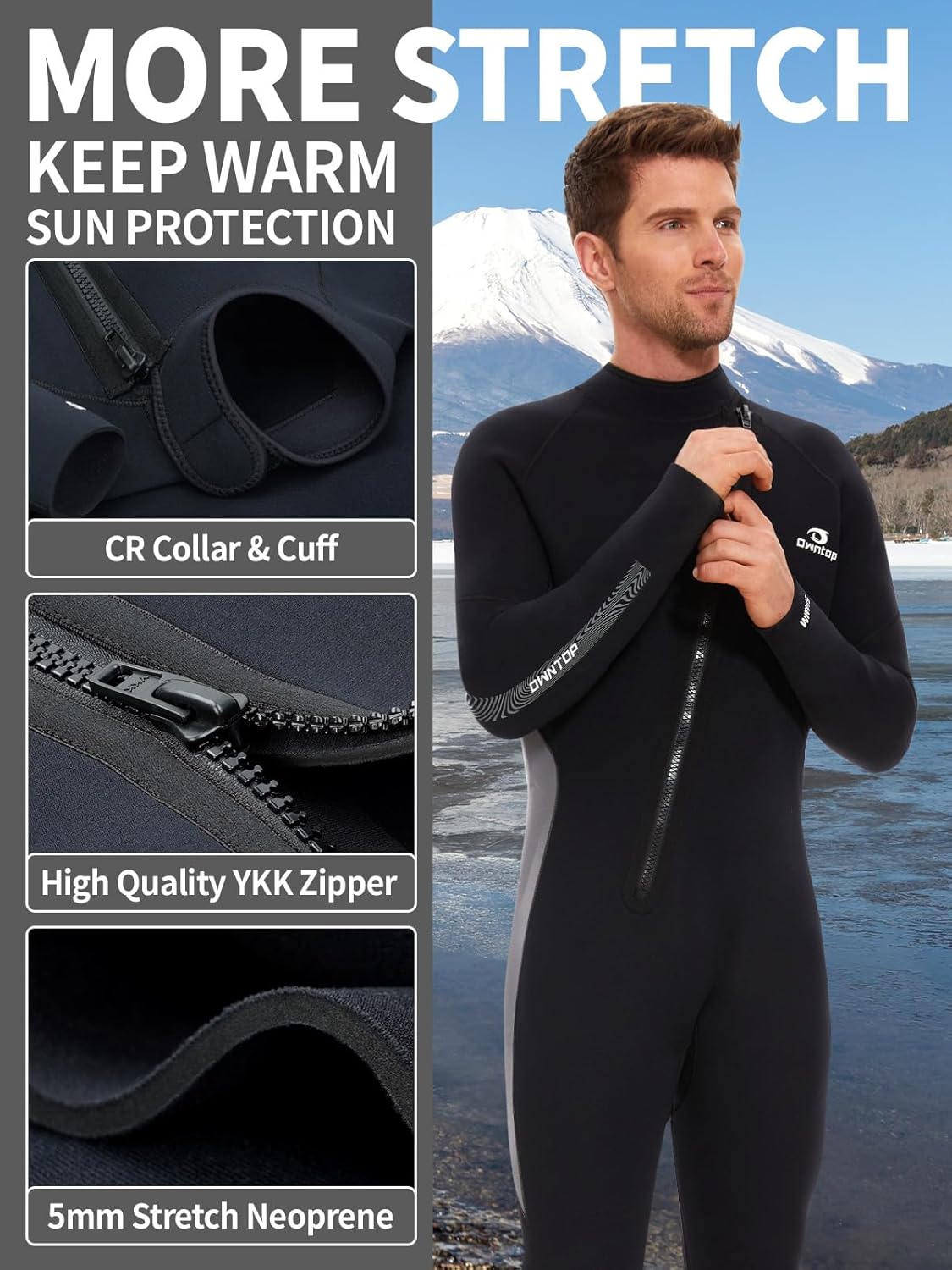 Owntop Wetsuit 5mm Neoprene Diving Suit - Mens Womens Thicken Full Wet Suit, Front Zip Long Sleeve UPF50+ Keep Warm Swimwear for Scuba Surfing Swimming Diving Snorkeling Water Sports - Image 2