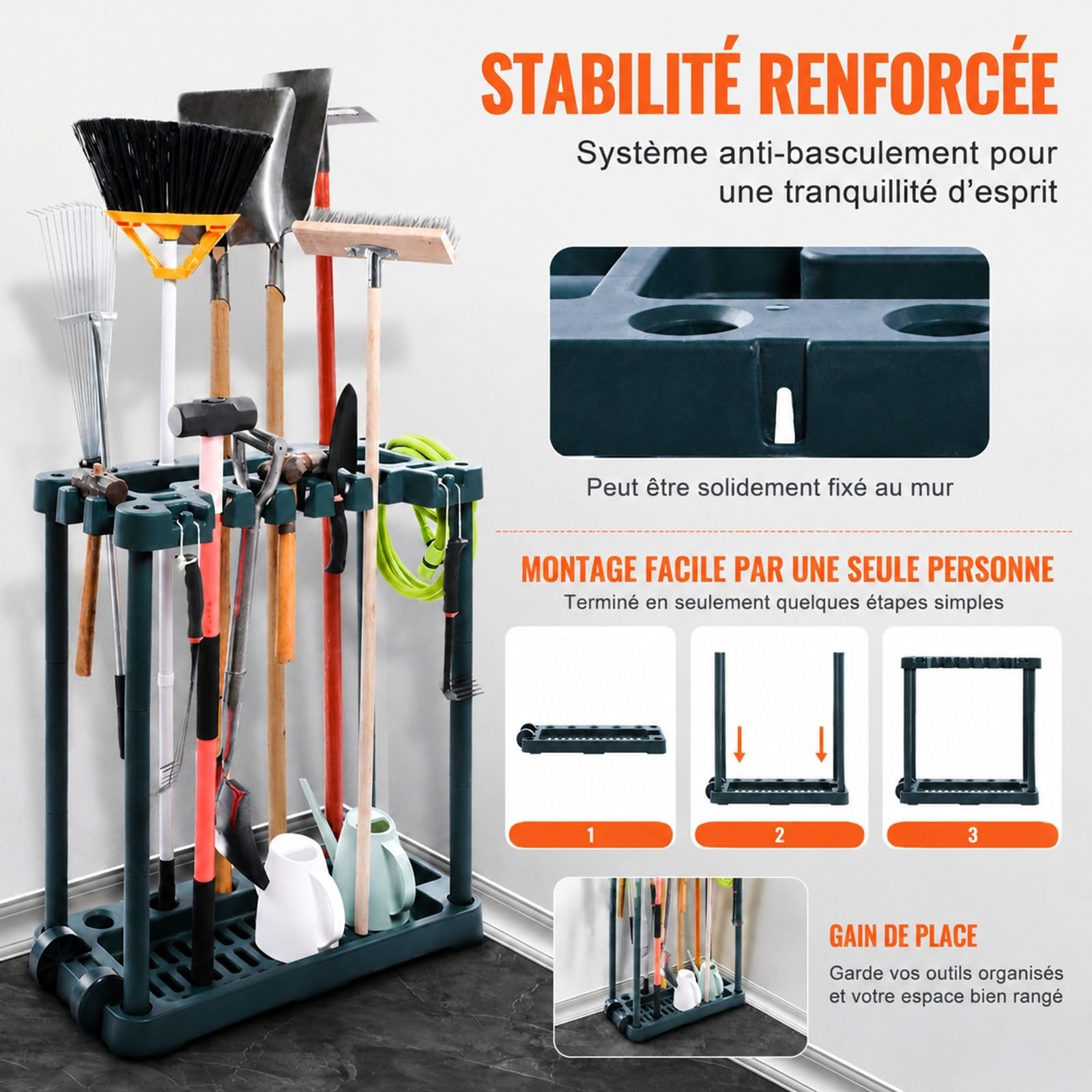 Support Range Outils de Jardin en PP, 10 emplacements, pour Garage et Jardin
