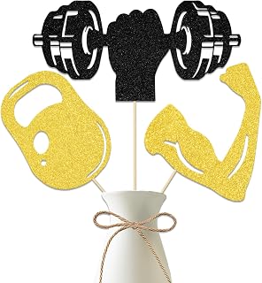 12 Pcs Sport Gym Theme Centerpiece Sticks, Gym Fitness Theme Birthday Decorations, Weight Lifting Workout Baby Shower Party Supplies Gold Black