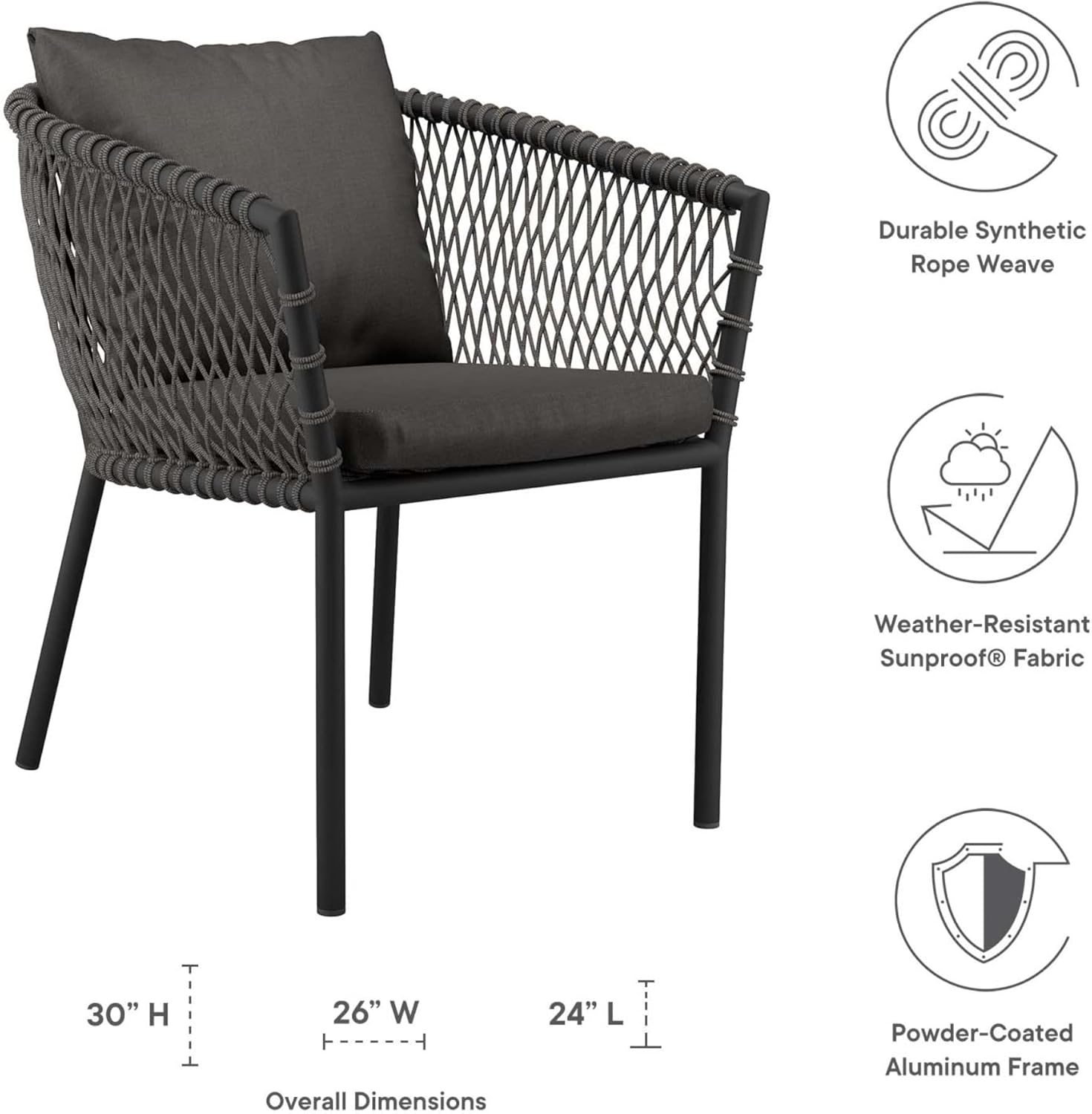 Modway Sailor Aluminum and Fabric Outdoor Patio Dining Armchair in Charcoal