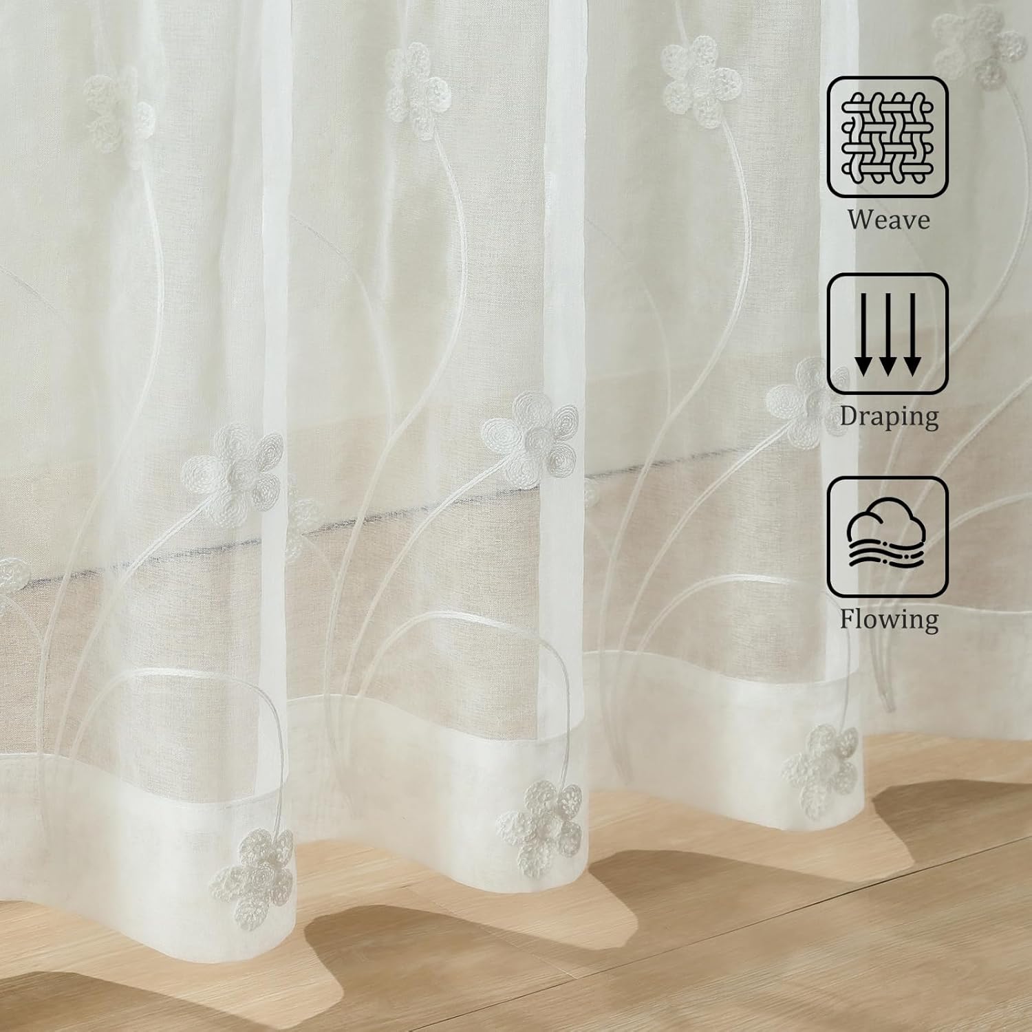 White Sheer Curtains 63 inches Length Flowers Embroidered Window Treatment Curtain Sheer Voile Panels for Kitchen, Bedroom, Small Windows, 42x63, Set of 2