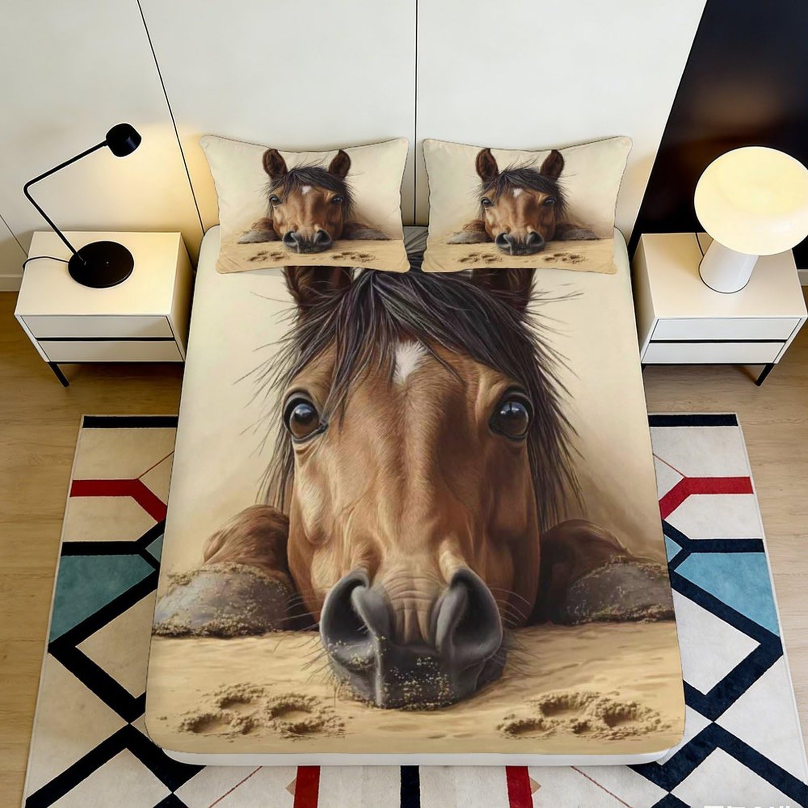 3D Printed Horse Face Fitted Sheet Microfiber Soft Breathable Animal Pattern Bed Cover for Bedroom Dorm Decor 90x200x25cm