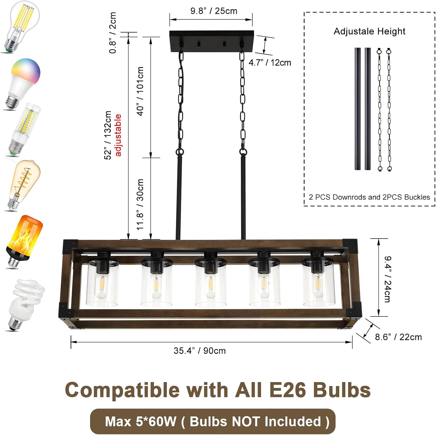 5-Light Kitchen Island Light Fixtures, Black Rectangle Farmhouse Chandeliers, Dining Room Light Fixture Chandelier Over Table, Rustic Wooden Large Pendant Lights kitchen island, with Clear Glass Shade