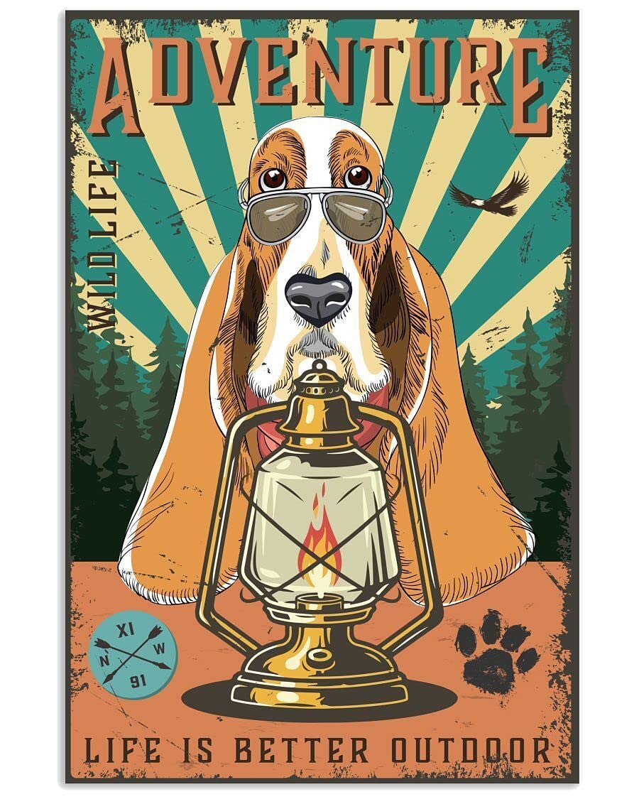 Basset Hound Go to Camping Poster Metal Tin Sign Kitchen Pub Funny Novelty Coffee Bar 5.5x8inch Yard Garden Farm Man Cave