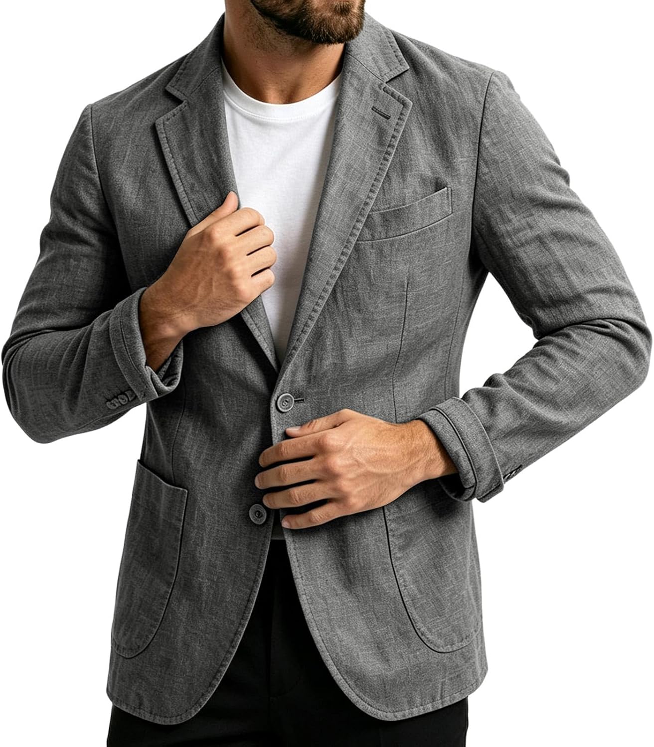 Men's Cotton Linen Blazer Notch Lapel Dressy Two Button Suit Jacket