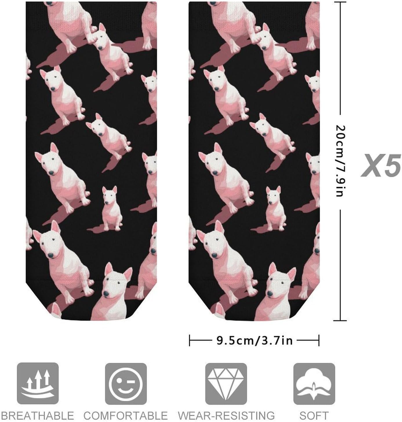 Bull Terrier Dog Shadow No Show Ankle Socks Low Cut Non Slip Flat Boat Line 5 Pairs Set