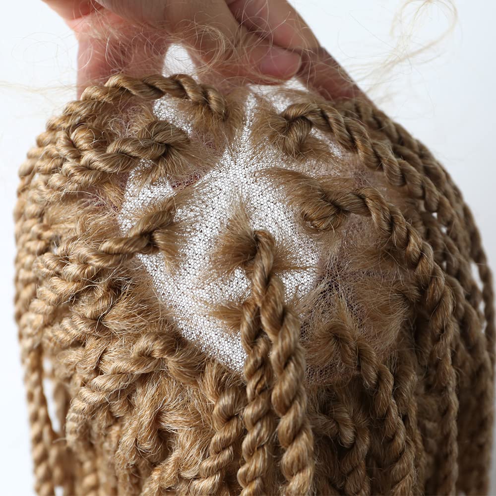 Twist Micro Box Braided Wigs Baby Hair Frontal for African American Women 100% 12 1/2'' X 4 3/4''Hand Tied Lace Glue-less Kanekalon Synthetic Natural Looking Systems (#27/613M Blonde)