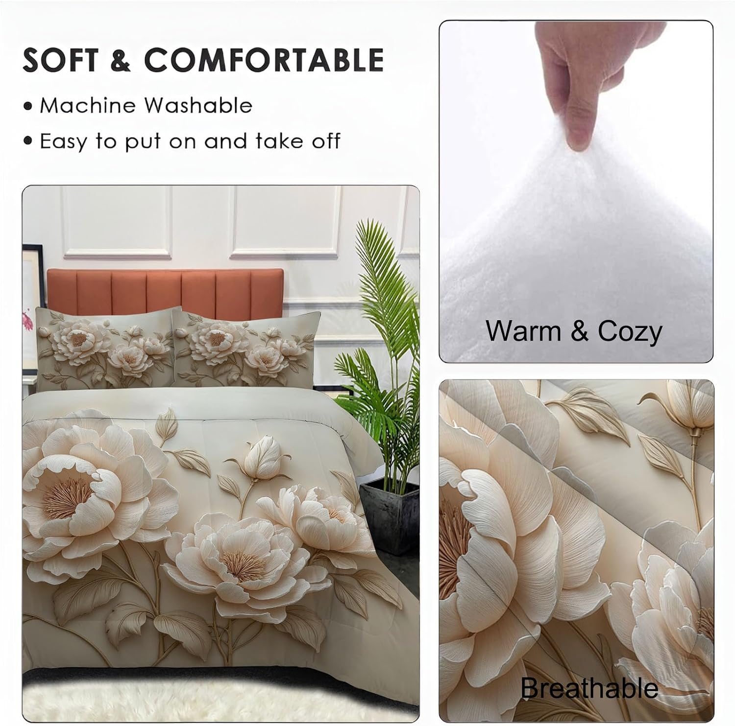 Retro Distressed Comforter Set King Size, Peony Branches and Leaves Bedding Set for Girls Boys, Apricot Quilt Bed 104"X90" Bedding Comforter Sets with 2 Pillowcase Room Decor