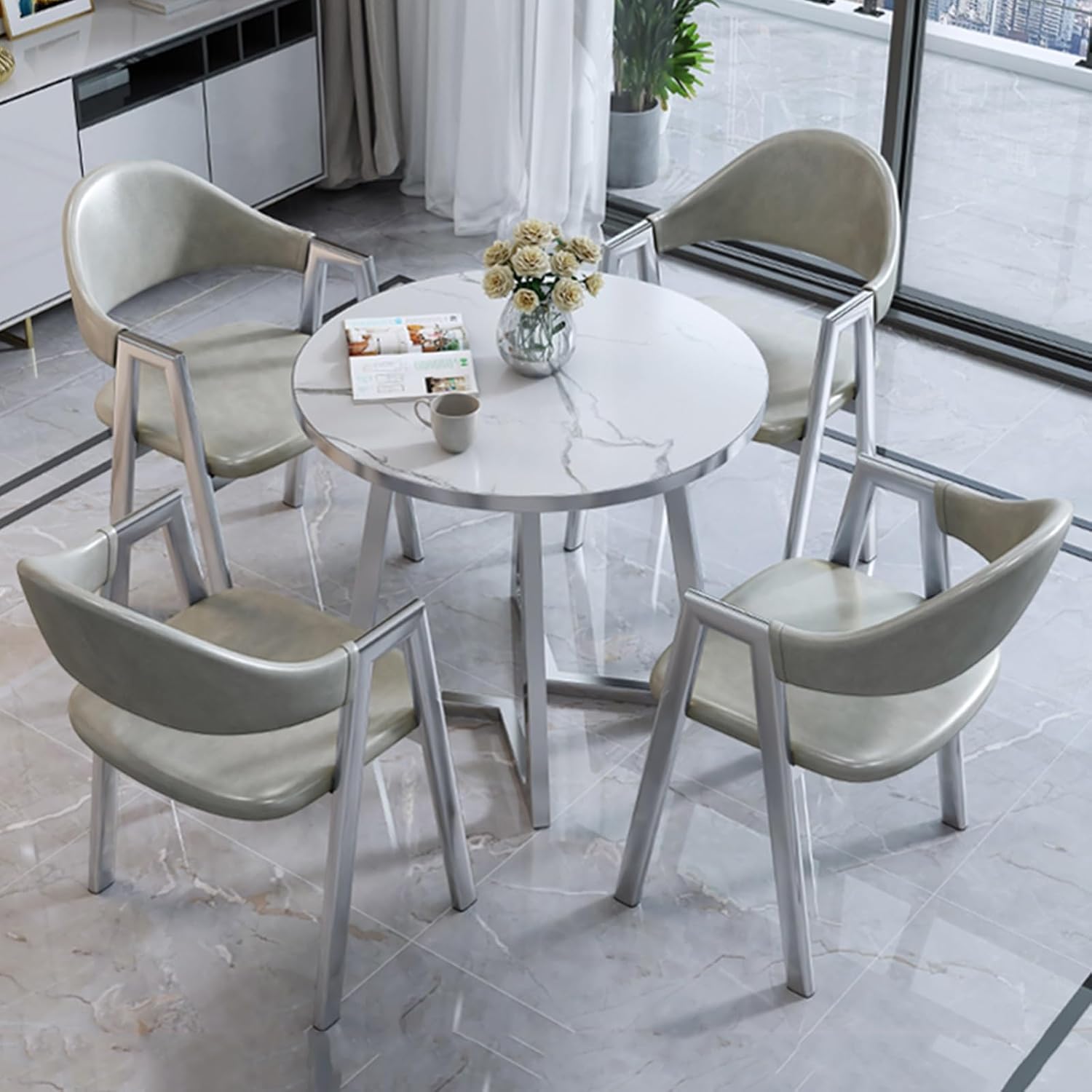 Office Conference Table,with 3 Chairs Set,Leisure Area Home Balcony Small Round Table,Nordic Negotiation Table and Chair, Reception Table and Chair Combination, Dining Ta,Leather-02-80cm