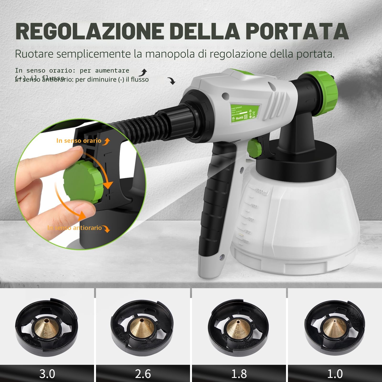 Pistola a Spruzzo, Huepar Tools 800W Spruzzatori di Vernice con 4 Ugelli in Rame e Filtro, Flusso Massimo di 1200ml/min, 3 Modalità di Pittura, Contenitore 1300 ml, Facile da Usare e da Pulire-SG800