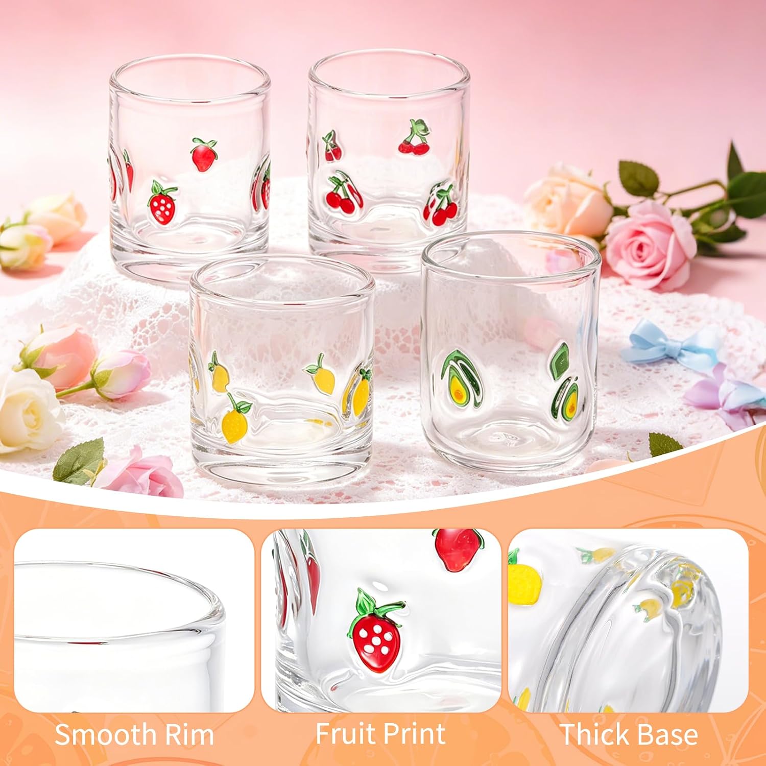 4 Pack Fruit Icon Juice Glasses, 14 oz Cute Pattern Stemless Wine Glass Set with Cherry, Strawberry, Avocado & Lemon Embossed Fruit Glass Tumblers for Juice, Cocktails