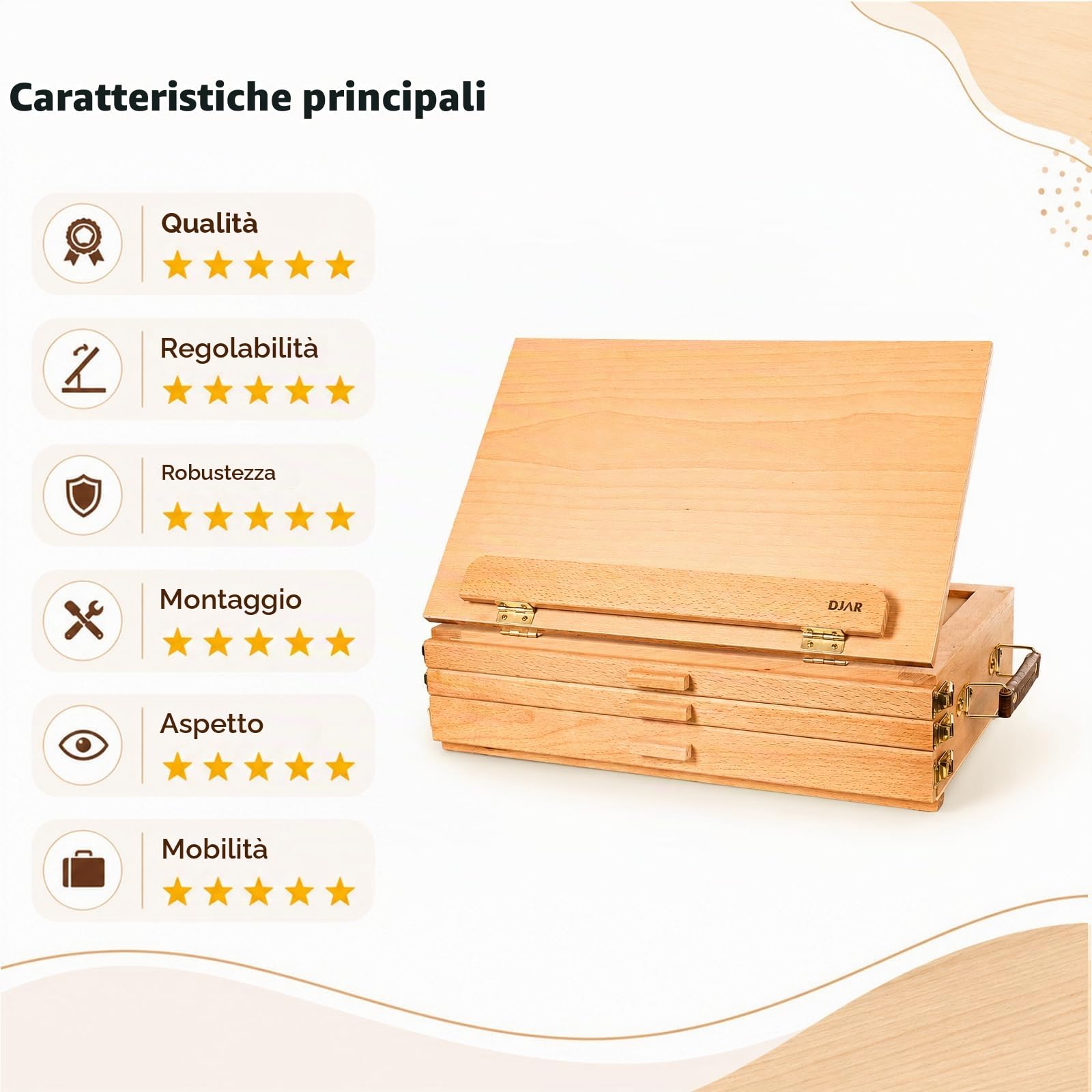 DJAR Cavalletto da tavolo per pittura con 3 cassetti portaoggetti, regolabile e portatile in legno di faggio, Sketchbox da scrivania, supporto per pittura artistica per adulti e studenti