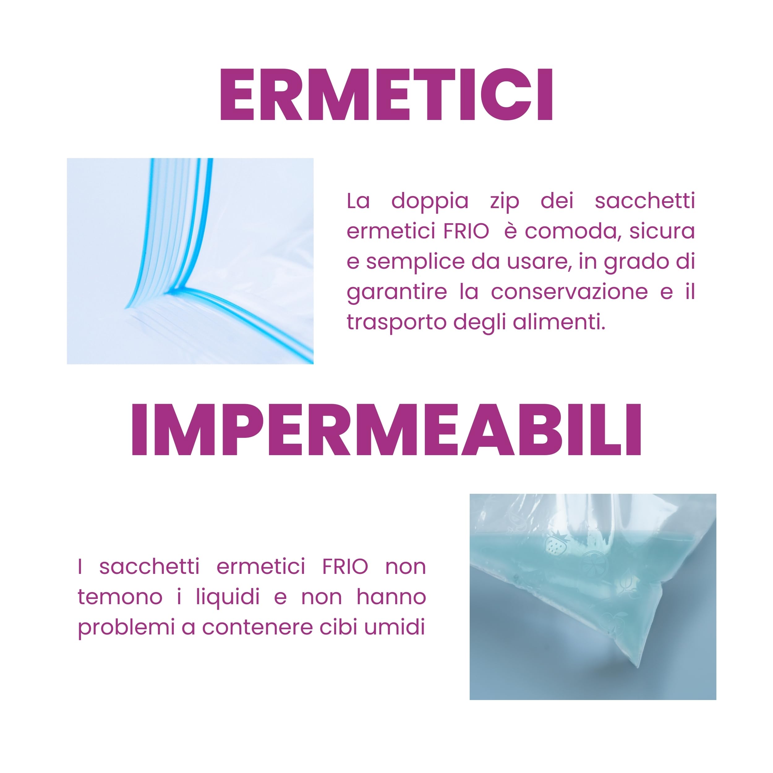 FRIO Set 65 sacchetti ermetici con chiusura Zip, 3 misure S-M-L, per congelatore, richiudibili