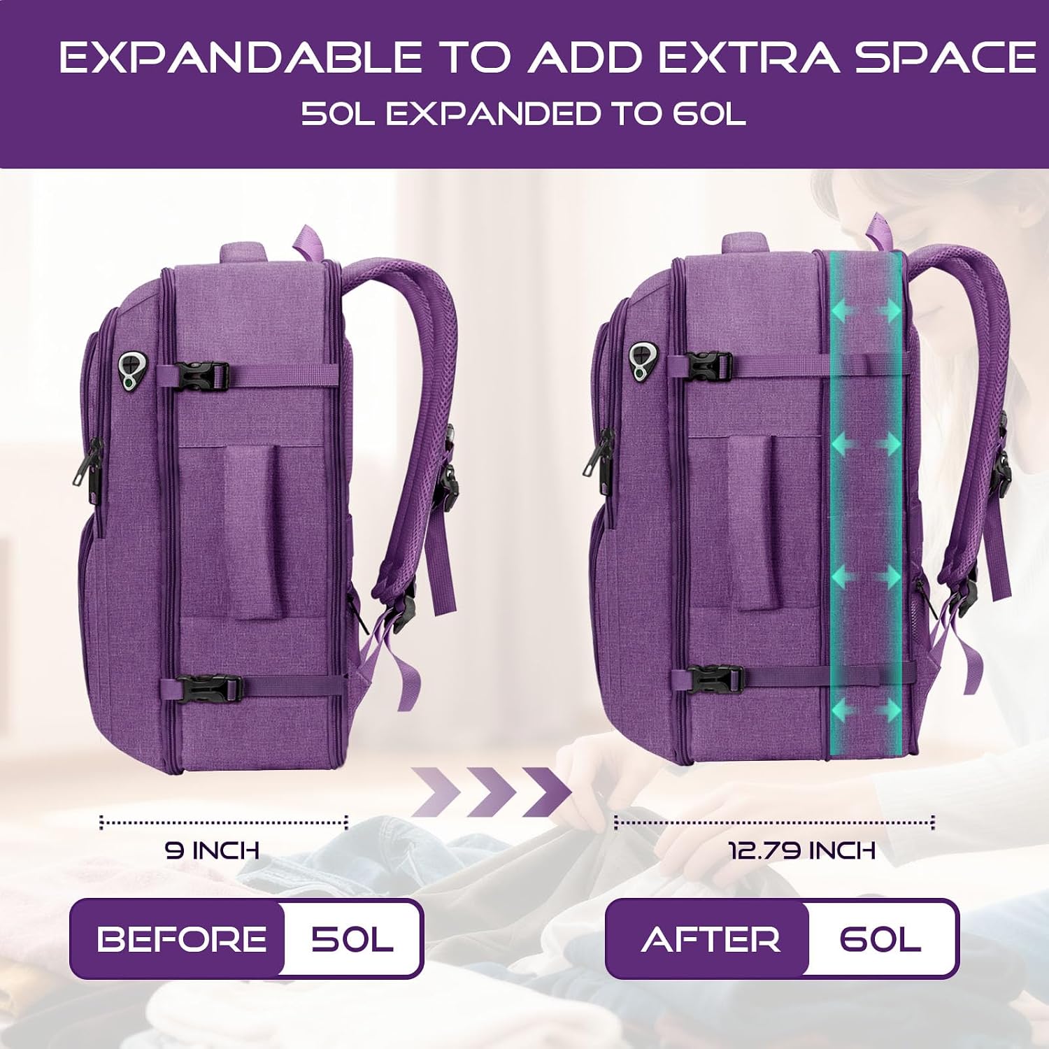 Extra Large Travel Backpack, Expanable Carry on Backpack for Women, TSA 18.4 inch Laptop Bag Flight Approved, Lightweight Waterproof Business Luggage Bag, Travel Gifts for Women, Purple image 2