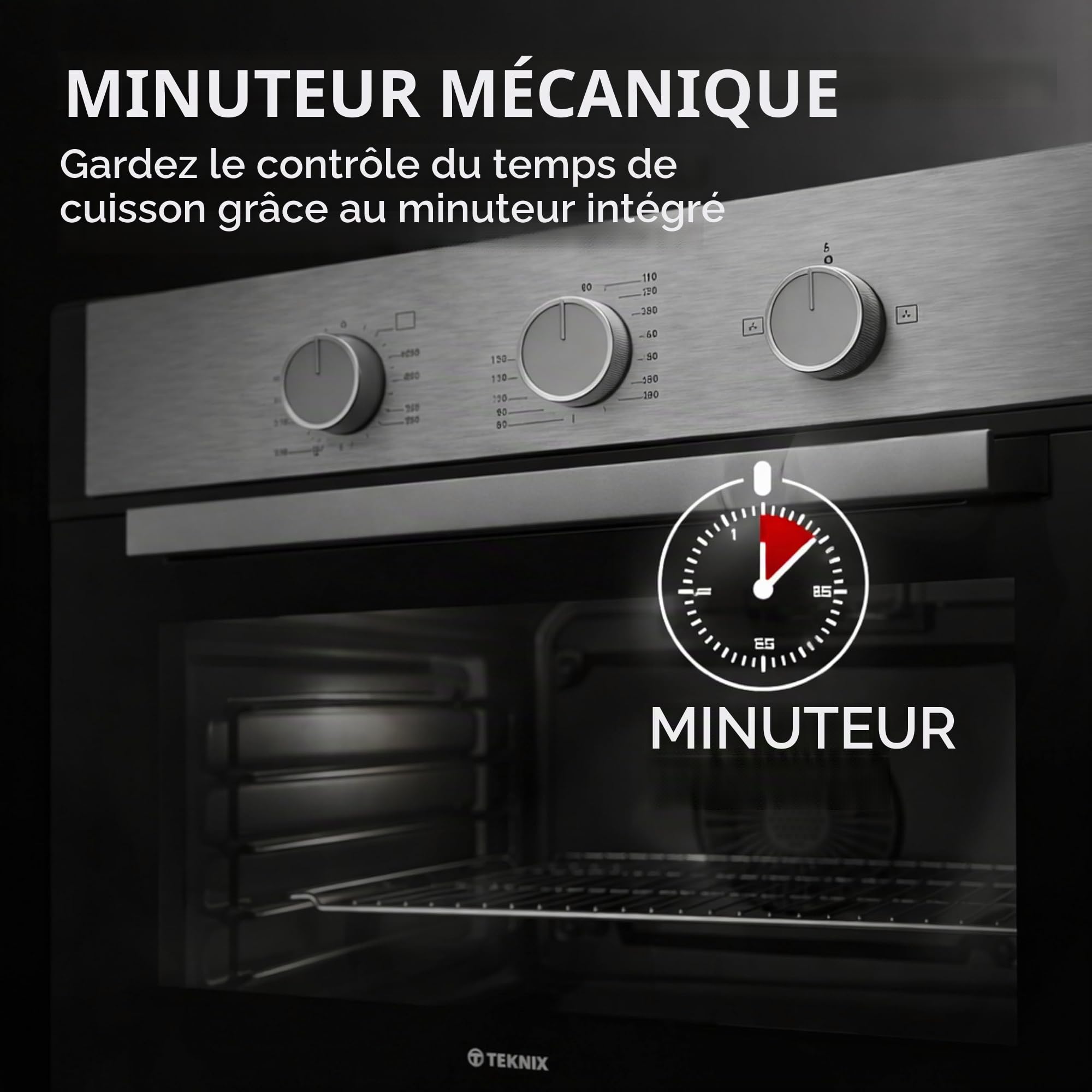Teknix BITK263GSX Four Intégré Gaz 60cm - Intégré avec une capacité de 63L - GPL Convertible - Minute Minder Mécanique - Double vitrage - Acier inoxydable, L59,5 x H59,5 x P55,0 cm