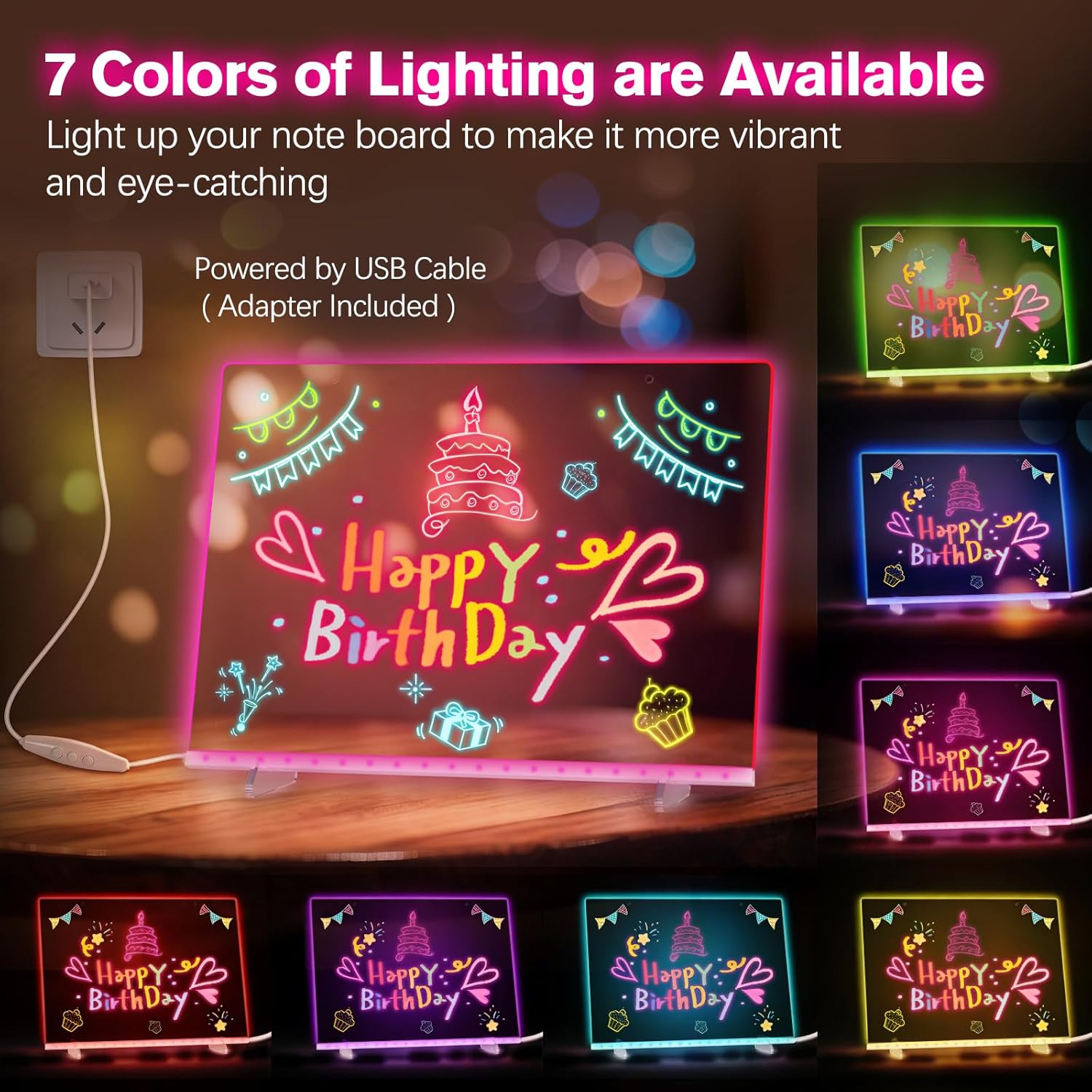 Lewondr LED Note Board,13.8''×9.8'' Acrylic Dry Erase Board with 7 Colors of Light,Drawing Board with Adapter, 7 Markers, Stand, Hanging Chain, Spray Bottle for Home Office Decor Christmas Easter Gift