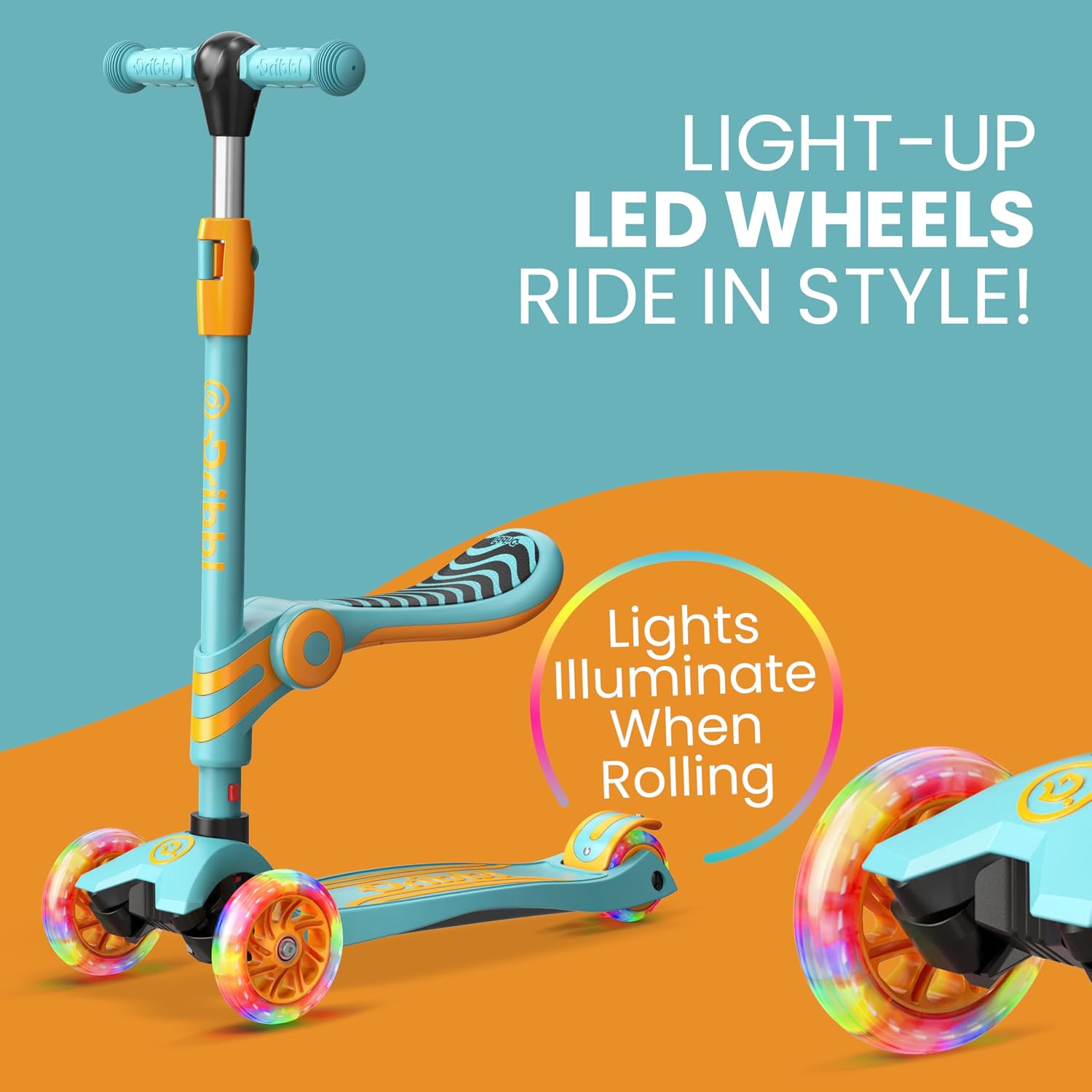 Aqua Orange 3 Wheel Scooter with Seat for Kids, Light-Up Wheels, Adjustable Lean to Steer Handlebar and Seat, Smooth Wheels, Wide No-Slip Deck, Rear Foot Brake, Toddler Outdoor Toys for Ages 2+