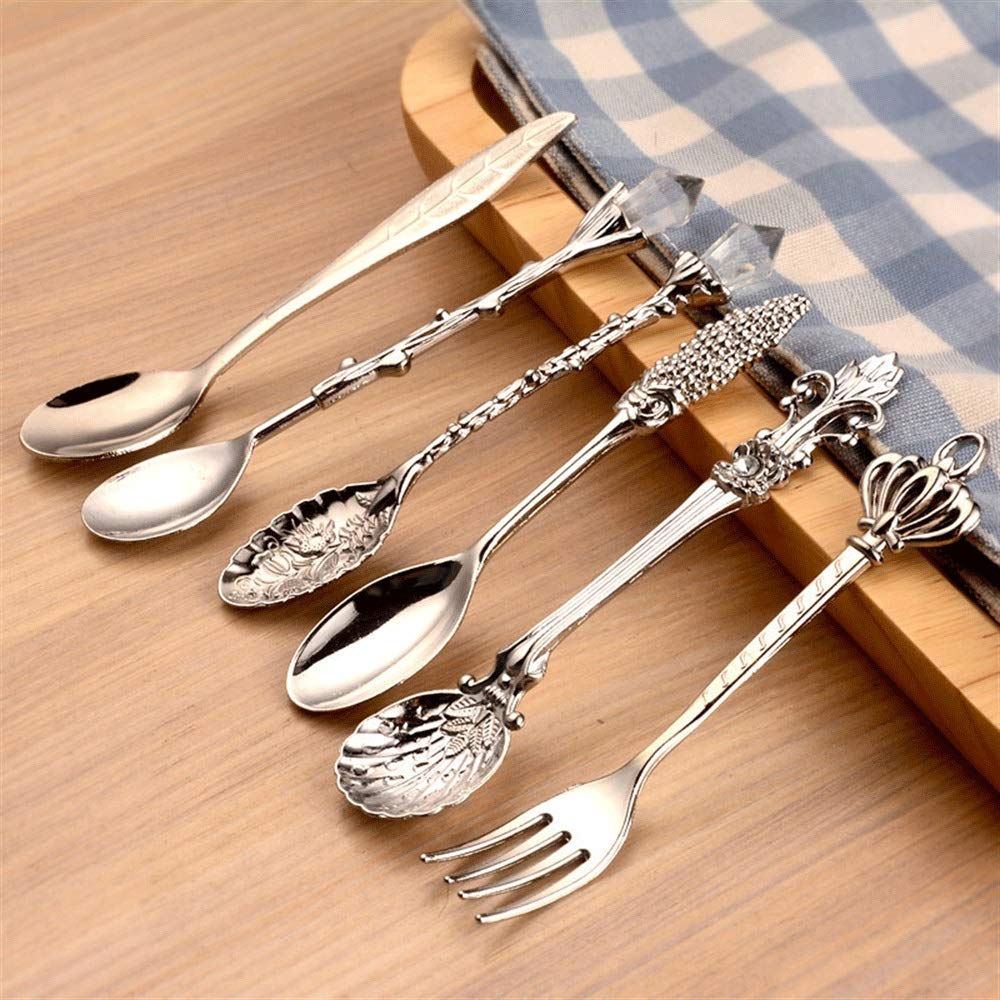 Loffel 6PCS / Set Vintage königlicher Stil Metall Löffel Gabeln DIY Geschnitzte Gabel Tabelle Löffel Antike Tee Löffel Kaffeelöffel Dessertgabel (Color : A)