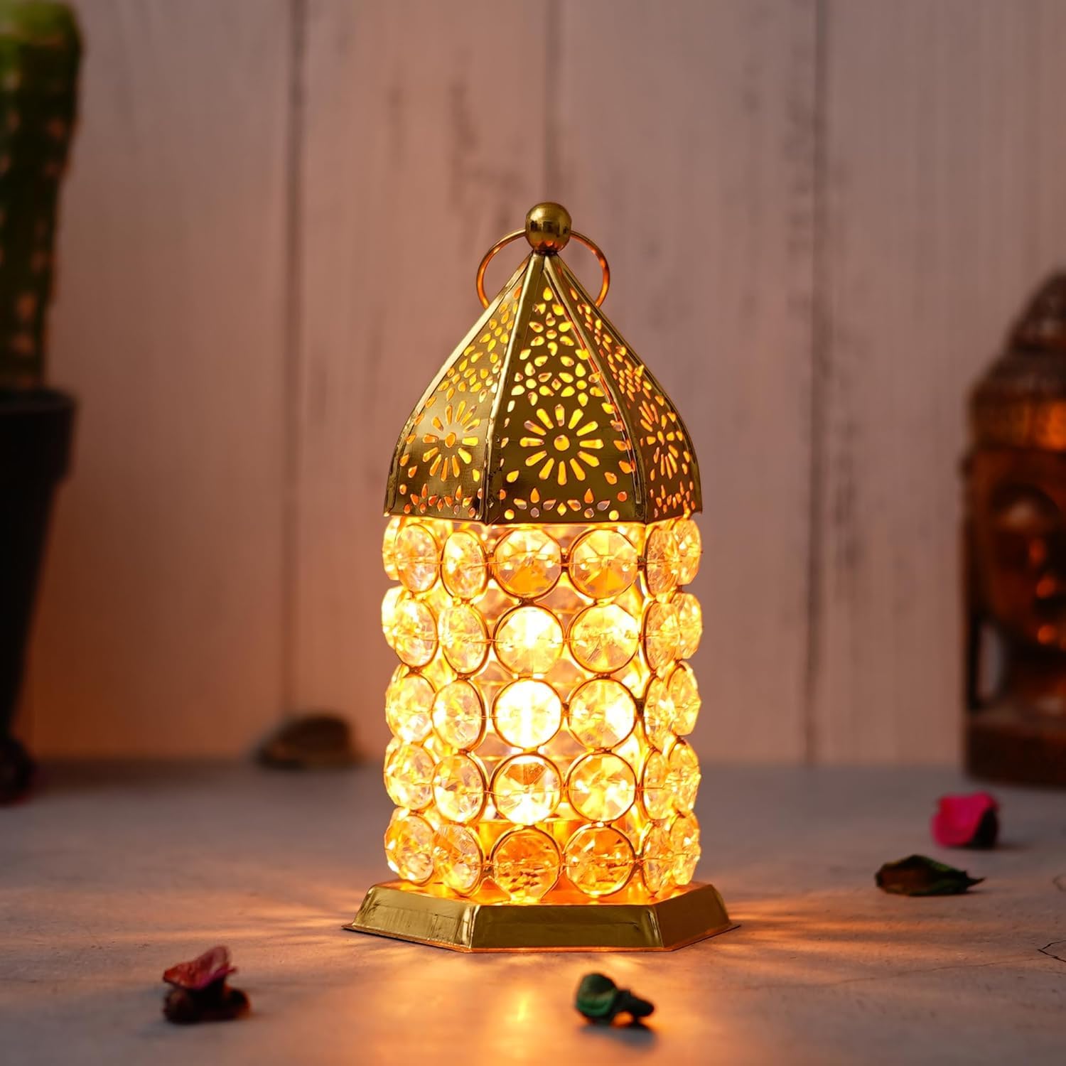 Moroccan Style Gold Metal Lantern with Crystal Beads, Candle