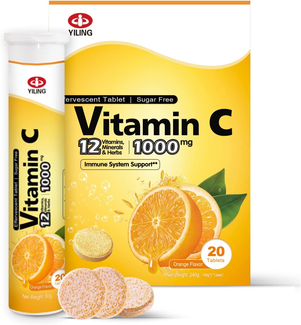 YILING 1000mg Vitamin C Effervescent Tablets,with Vitamin A