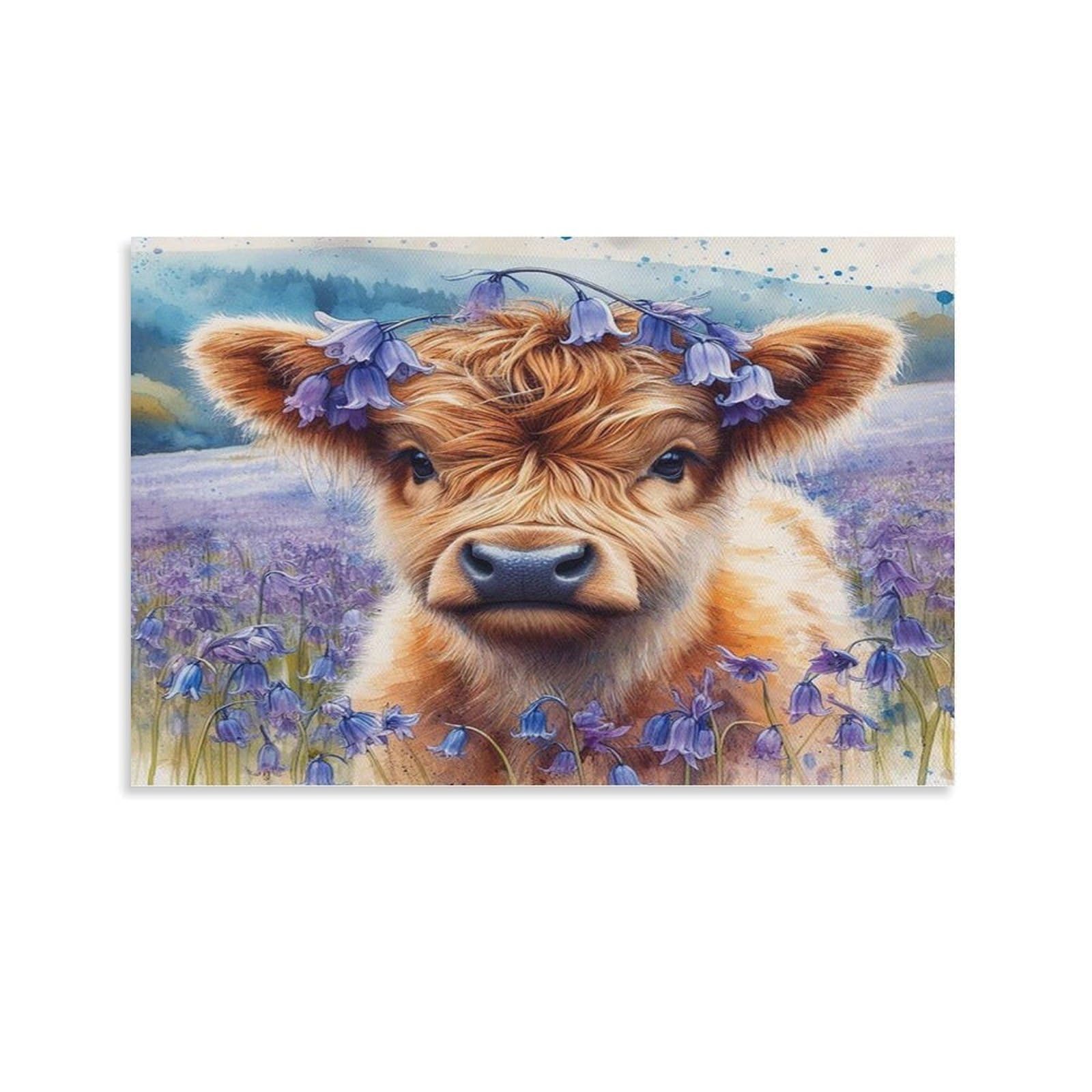CPLVKWRQJ Cute Highland Calf Individual Highland Calf Bluebell Flowers Canvas Wall Art - Office Canvas Print Fade Resistant Wall Focal Art Ready to Hang 08x12inch(20x30cm)