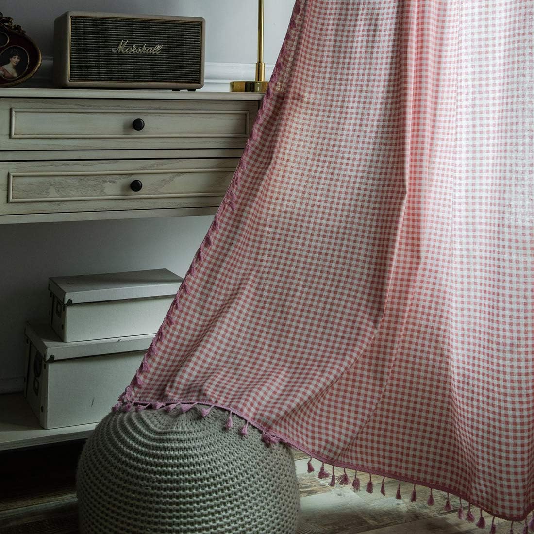 vctops Farmhouse Cotton Linen Buffalo Plaid Window Curtain Panel with Pink Tassels Boho Gingham/Check Pattern Room Darkening Curtain Panel, 1 Piece (59"x87",Pink)