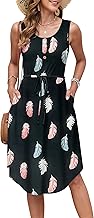 AUSELILY Women's Summer Dress Sleeveless Drawstring Beach Dress Round Neck Knee Length Elegant Casual Dress with Pockets