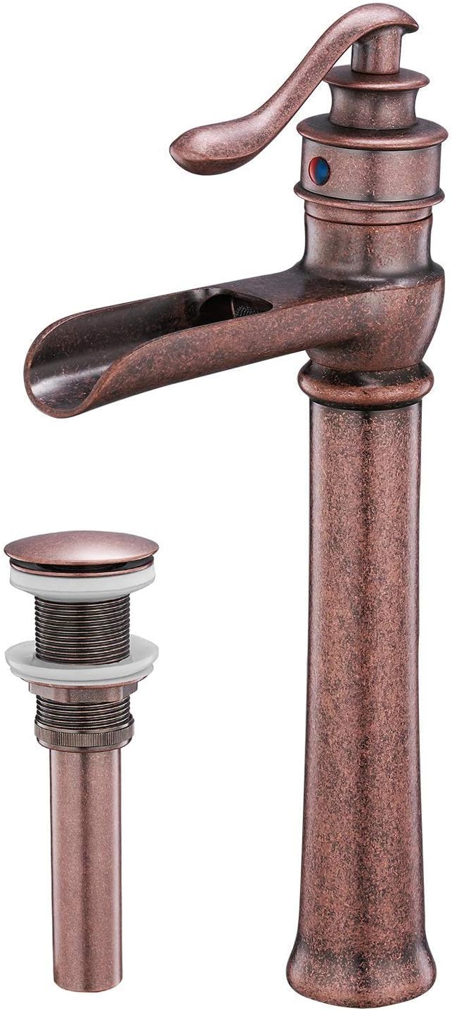 Copper Vessel Sink Faucet Waterfall Bathroom Antique Single Handle One Hole Tall Body with Pop Up Drain Stopper Without Overflow Bath Basin Lavatory Vanity Mixer Tap Supply Line Tall Body