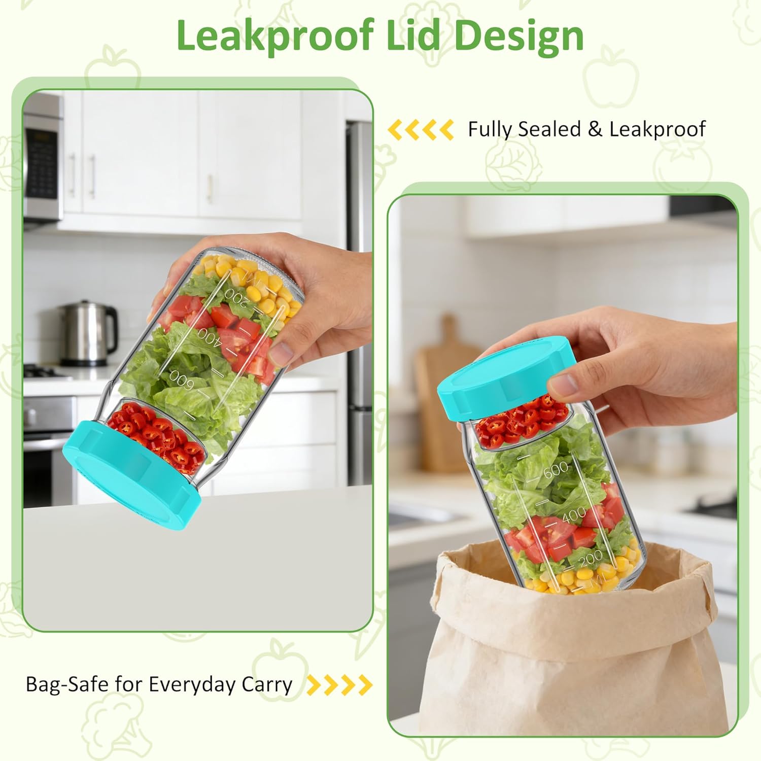 4Pack Glass Salad Jars with Lids, 32oz Salads Mason Jars with Wet/Dry Separation Cup, Meal Prep Salad Containers for Lunch, Leakproof Wide Mouth Food Storage Containers, BPA-Free Reusable (Mint Green) - Image 5