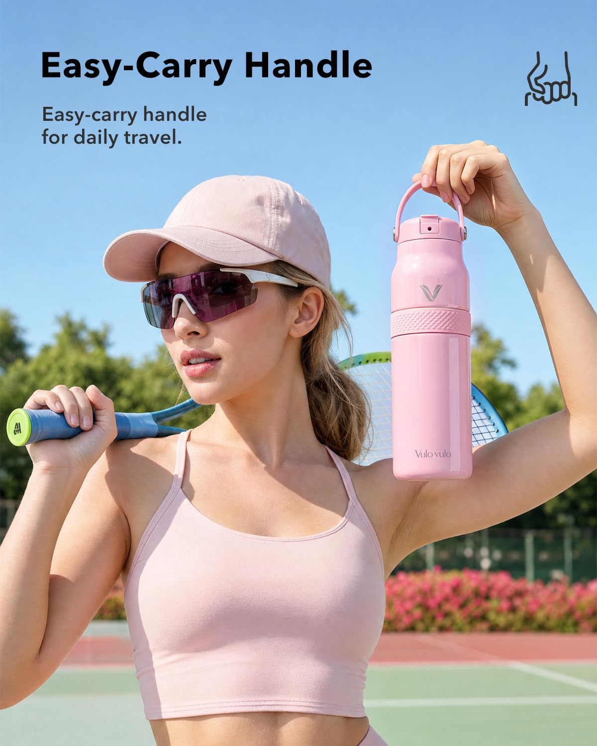 32 oz Insulated Water Bottle with Straw, Silicone Grip,Internal Volume Markings,Top Handle,Cold 24H,Double Wall Stainless Steel Bottle for Travel, Sport, Gym, Outdoors, Camping,Shiny Pink