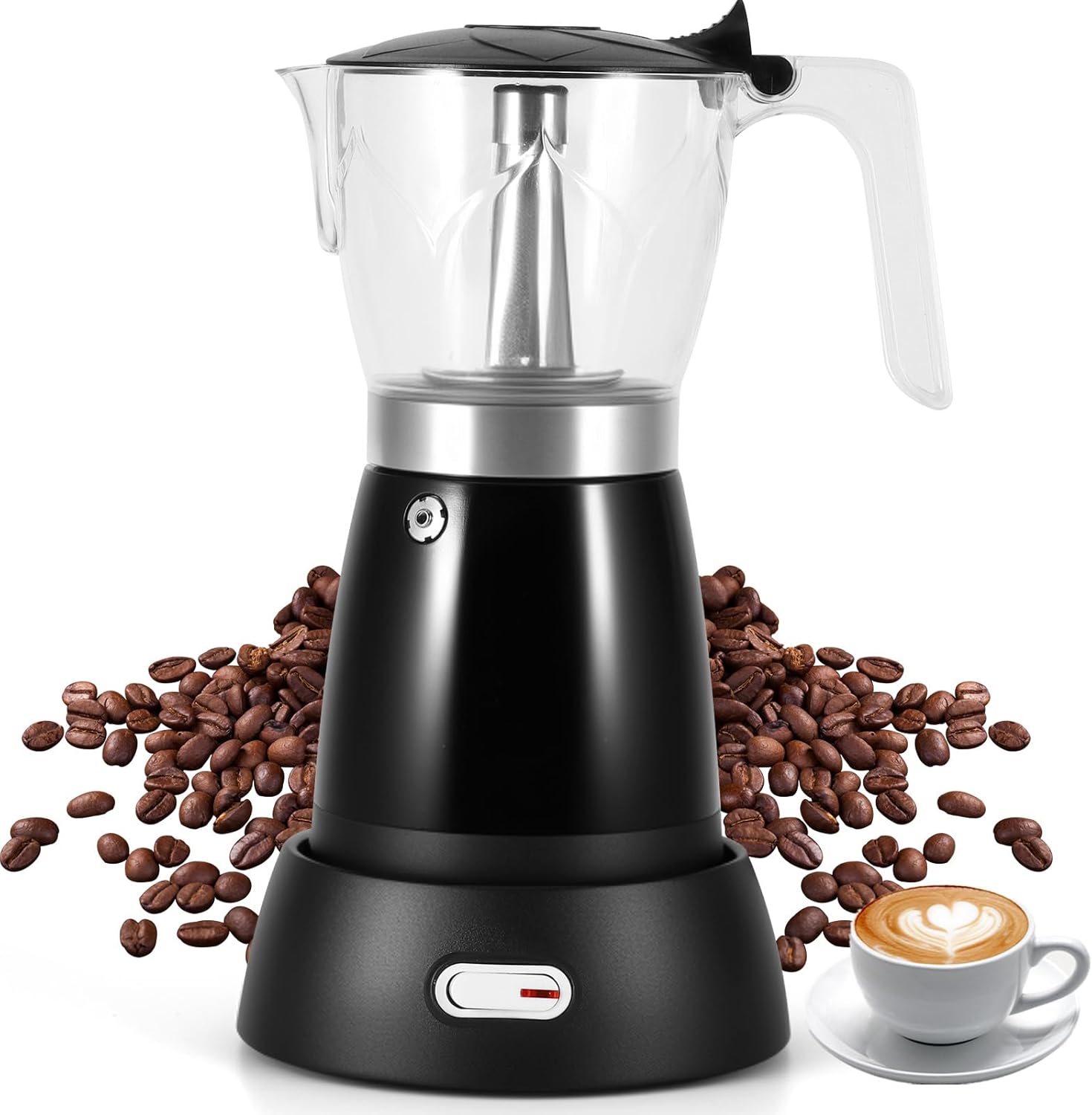 Coffee Maker Electric Moka Pot, Espresso Coffee Italian Aluminum Espresso Machine Cafetera Pot 300ml, Portable Machine Moka Maker with Detachable Base Overheat Protection for Home Travel, Black