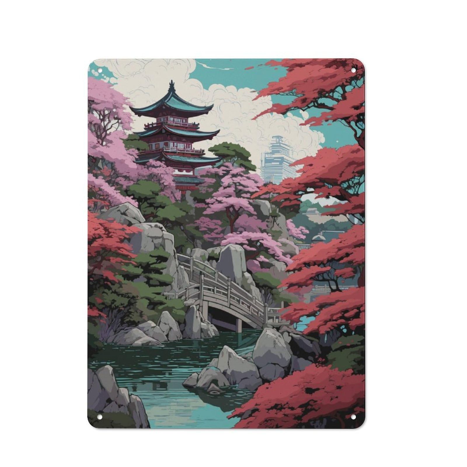 Junmoney Japanese Garden Landscape Retro Metal Wall Sign 40X30cm With For Garage Wall, A Decorative Metal Sign For Garages And Workshops
