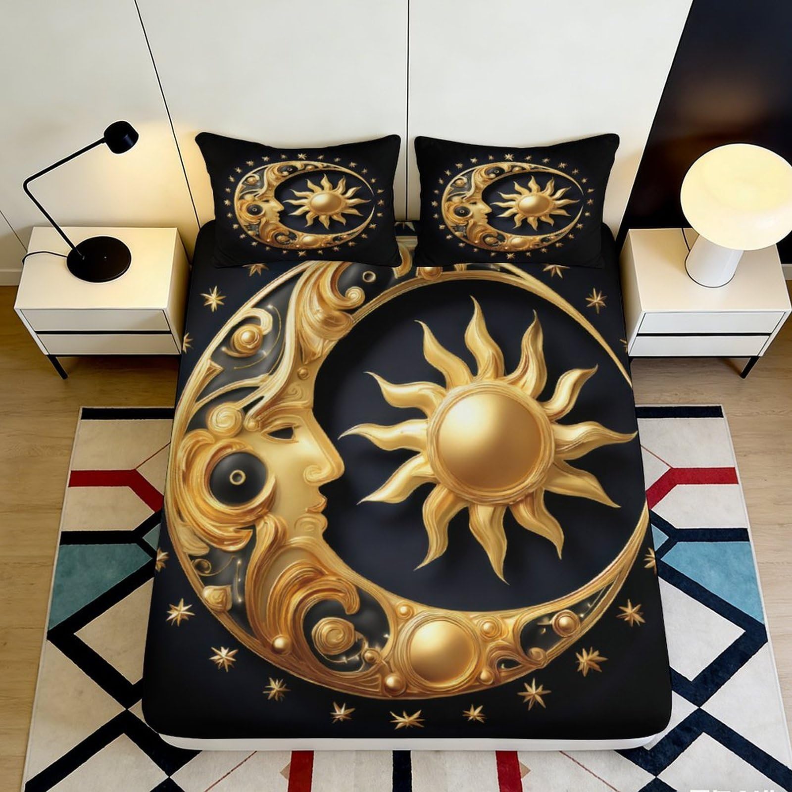 3D Printed Sun and Moon Fitted Sheet Microfiber Soft Breathable Celestial Mattress Cover for Bedroom Dormitory Guest Room Bed Protection Decor 140x200x25cm