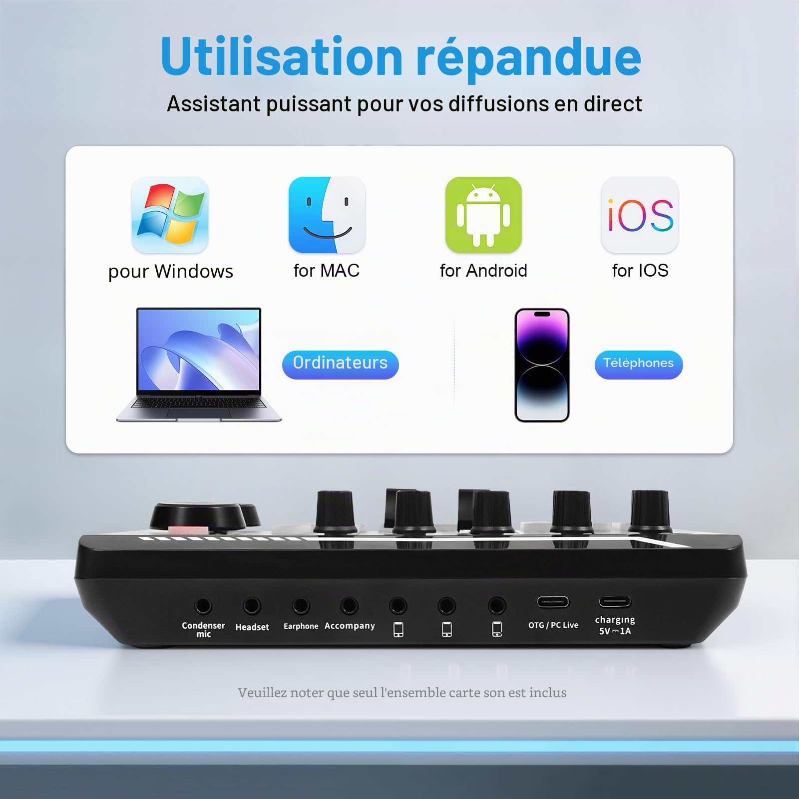 F998 Table de mixage audio professionnelle, carte son en direct et interface audio avec effets de mixage DJ et changement vocal avec lampe LED, mixeur DJ pour streaming en direct, PC, studio