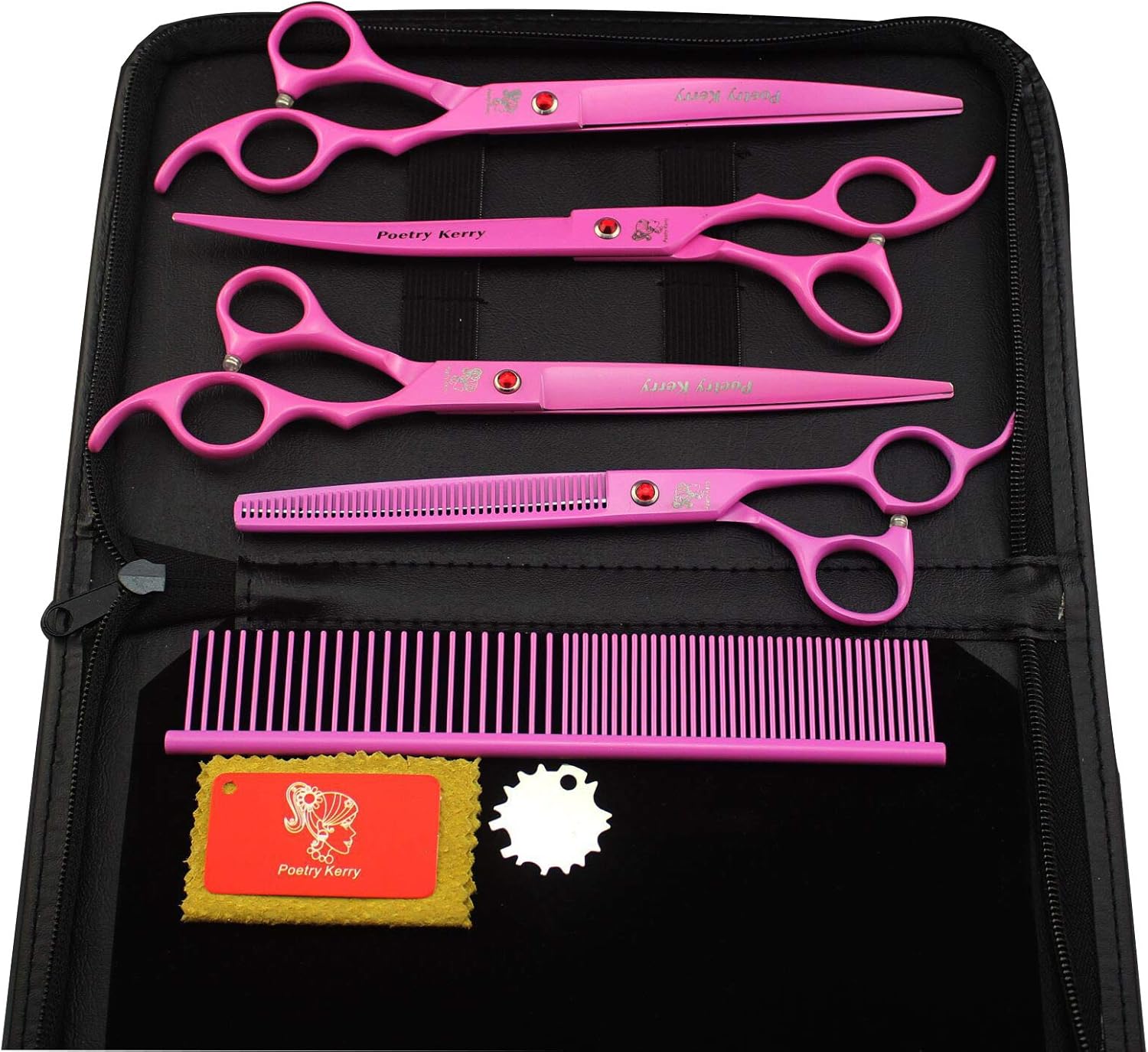 JIESENYU 8 inch Japanese Scissors - 4pc Set (Pink, Stainless Steel) - Pet Grooming Scissors - Flat, Curved & Thin Shears - Affordable Set