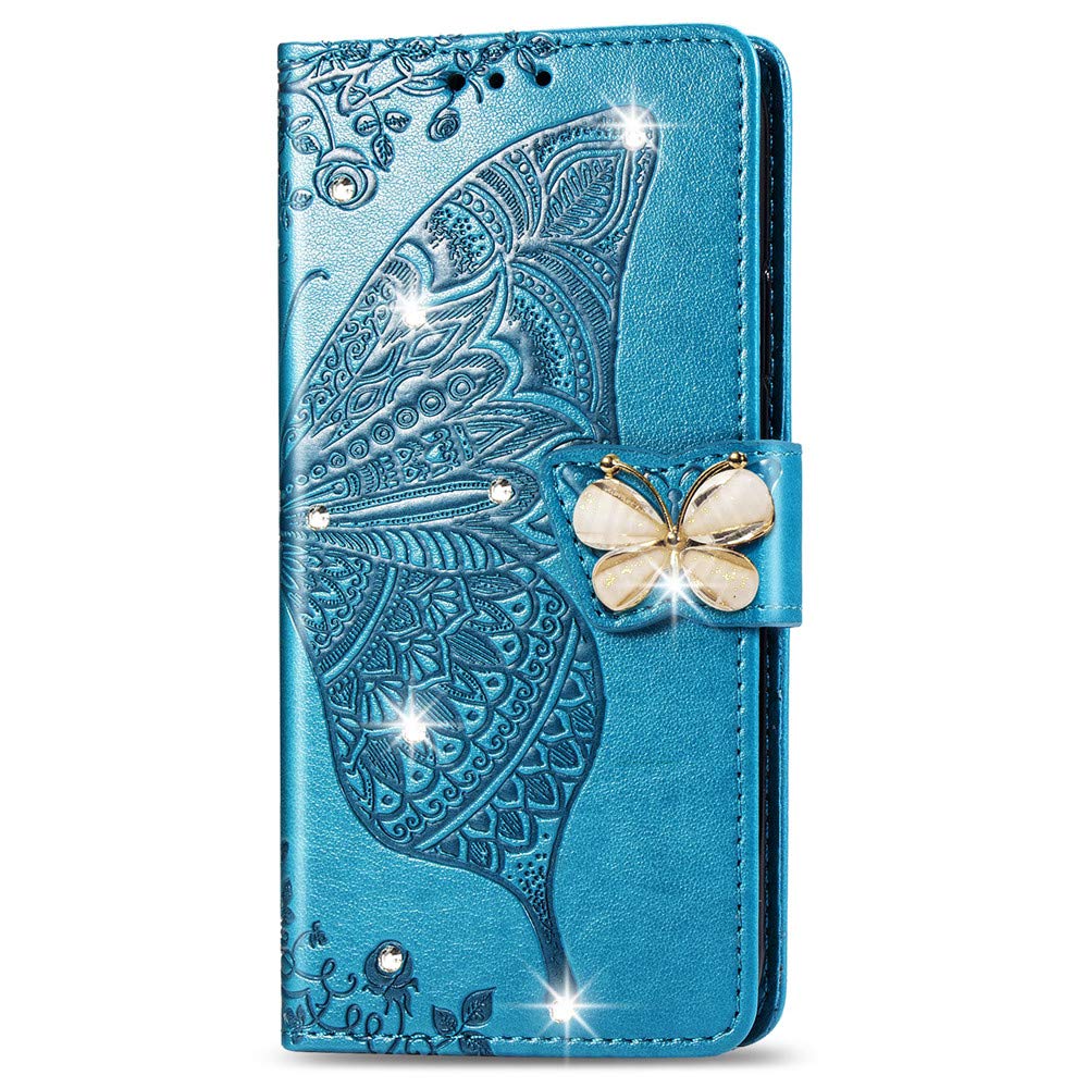 COTDINFOR Compatible with Motorola Moto G Play 2021 Case Glitter Bling with Card Holder and Stand Leather Flip Wallet Diamond Butterfly Shockproof Protective Case for Moto G Play 2021 Crystal Blue