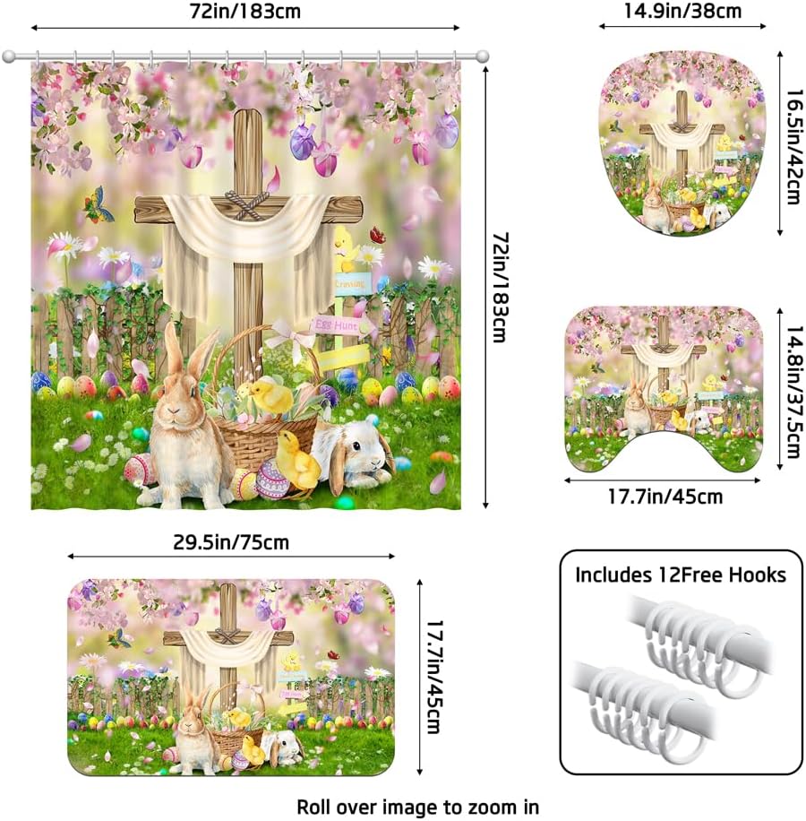 Lofaris Easter Spring Shower Curtain Set, Waterproof Bathroom Decor with Garden Cross, Bunny, and Easter Eggs - 4 Piece Set, 72x72 Inches, Includes Toilet Mats and Rugs