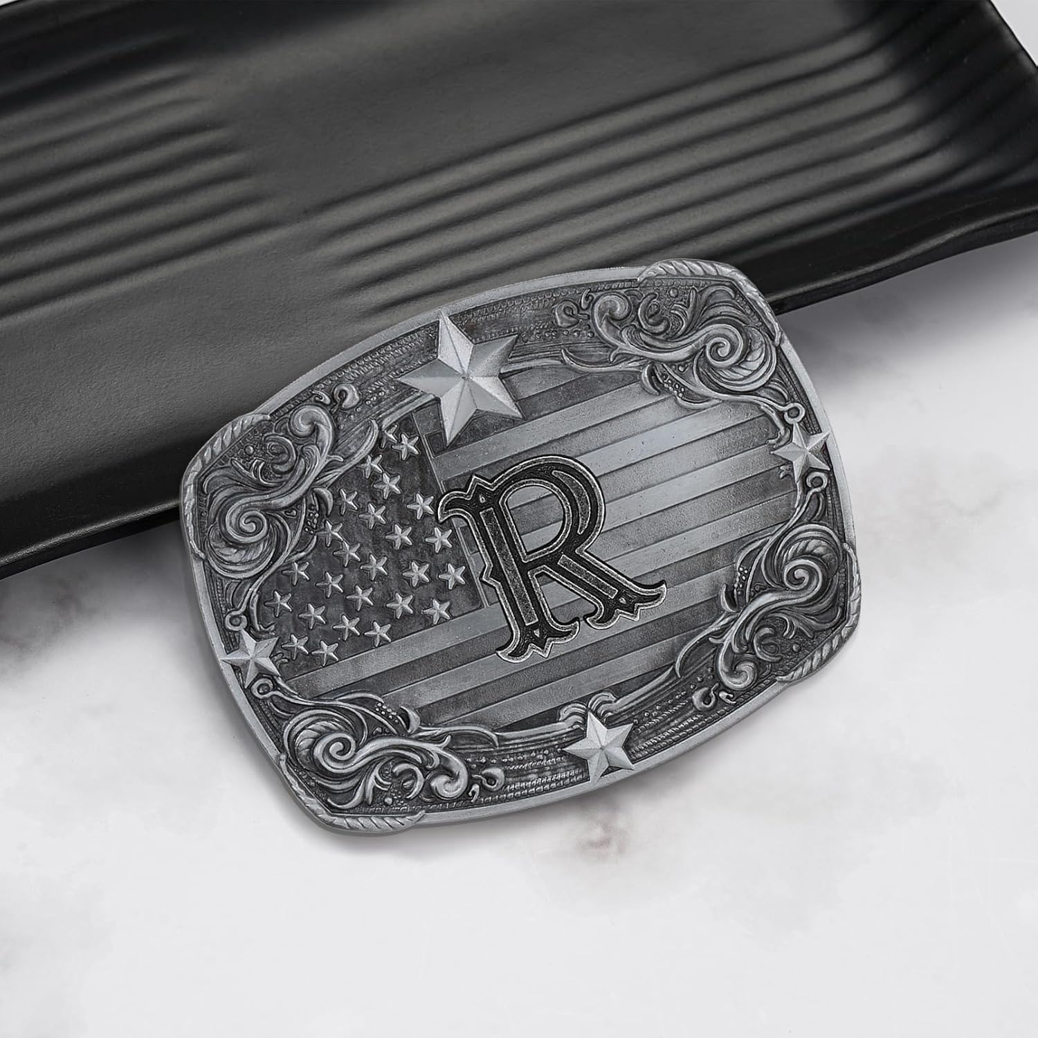 Western Belt Buckle for Men Women, Initial Letter ABCDJRM to Z Silver Cowboy Belt Buckles American Flag Accessories - Image 3