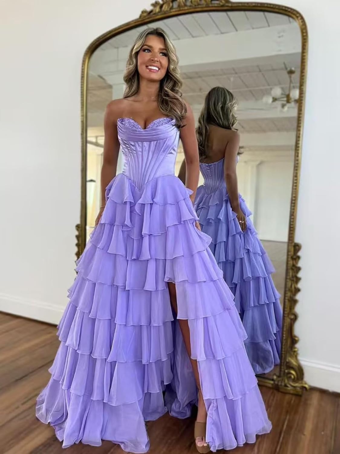 RunaCelle Strapless Tiered Prom Dresses for Women Long Corset A-Line Ball Gown with Slit Layered Formal Eevening Gown