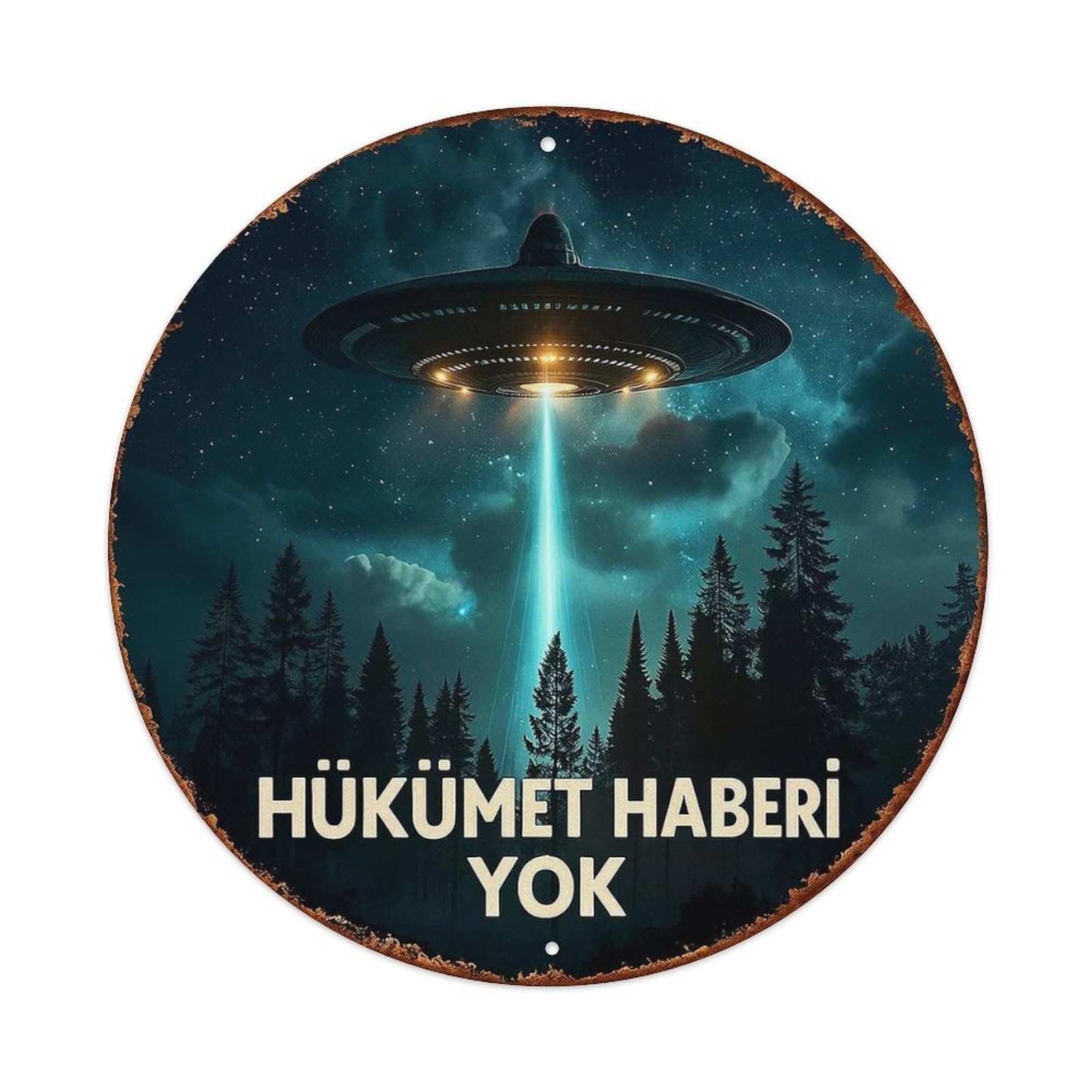 Ufo Forest Night Sky Beam Round Metal Tin Sign Vintage Wall Decor, Bar Garage Cafe Kitchen Home Wall Art Poster 8x8inches